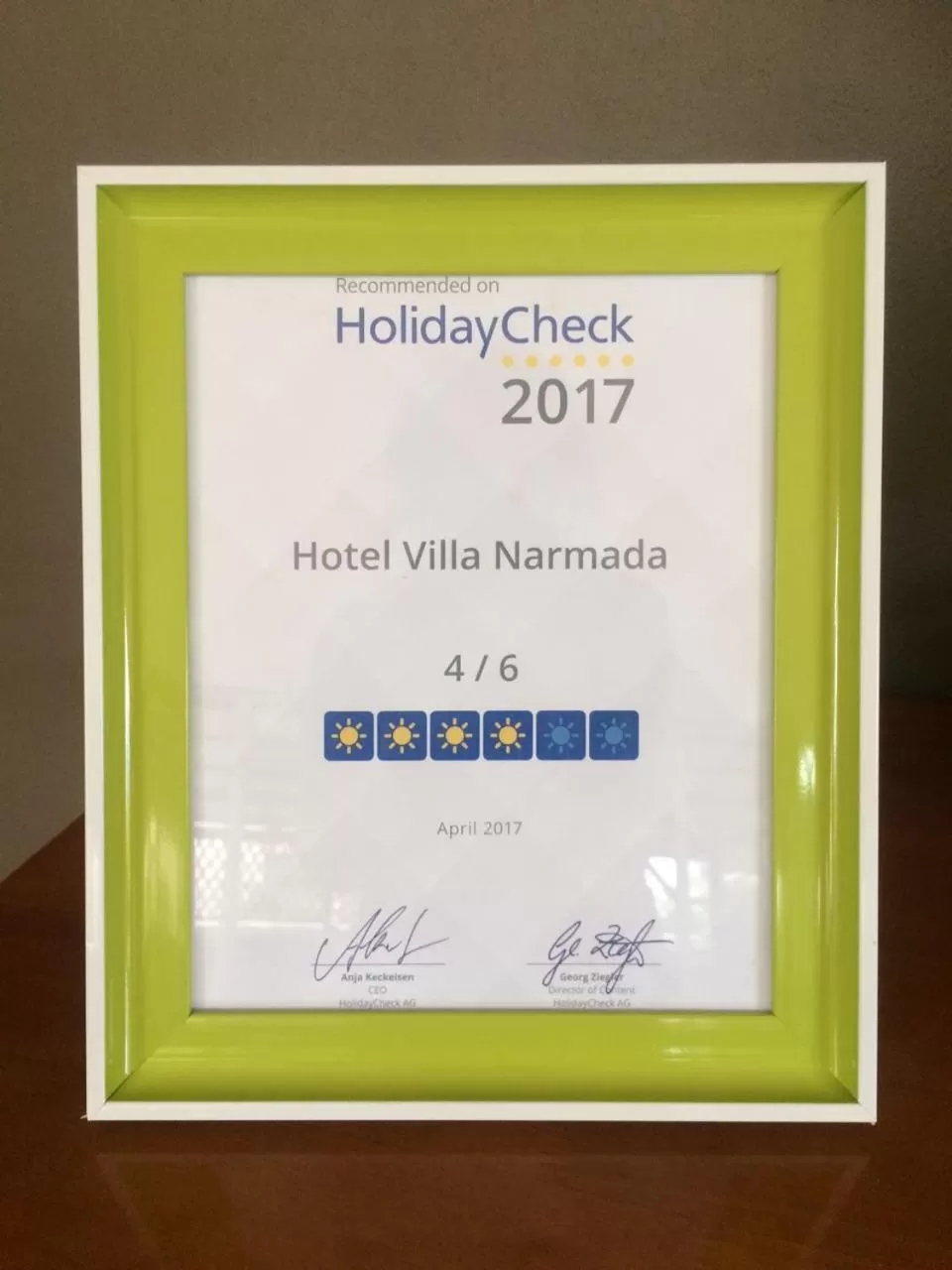 Certificate/Award in Villa Narmada