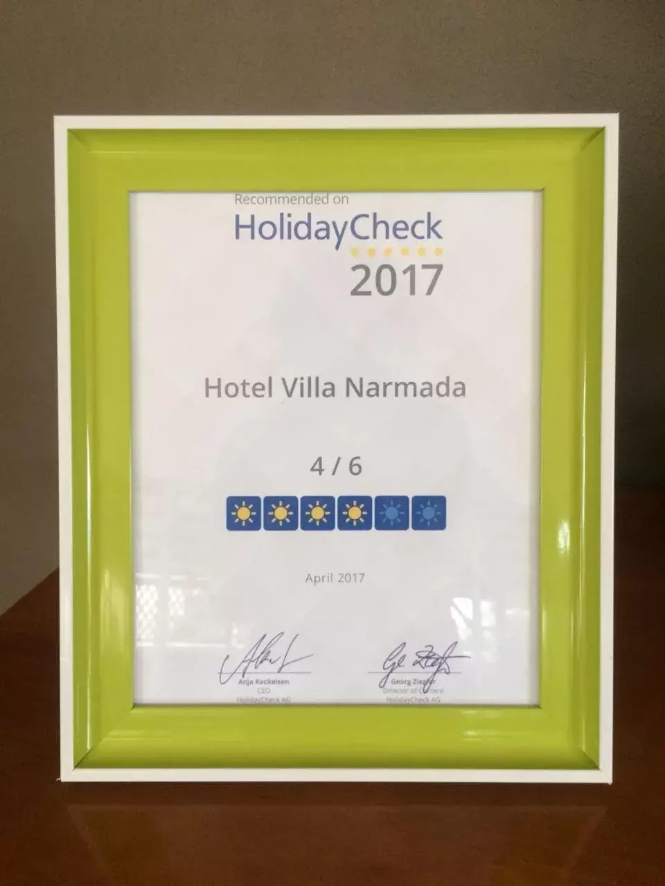 Certificate/Award in Villa Narmada