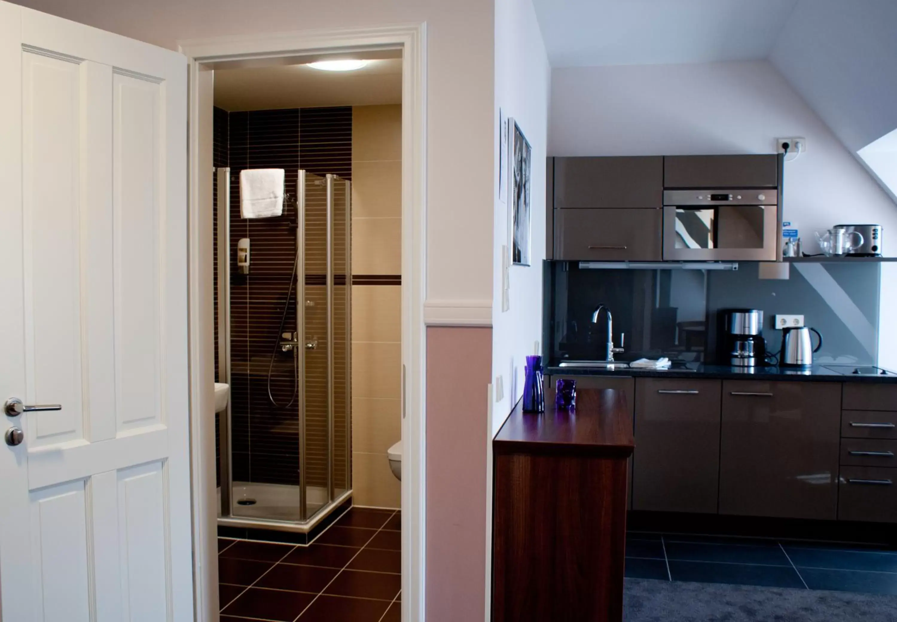 Bathroom, Kitchen/Kitchenette in Aparthotel Am Schloss