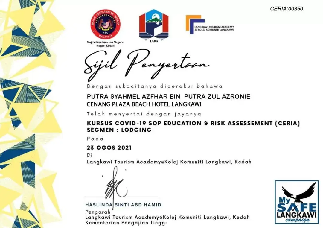 Certificate/Award in Cenang Plaza Beach Hotel