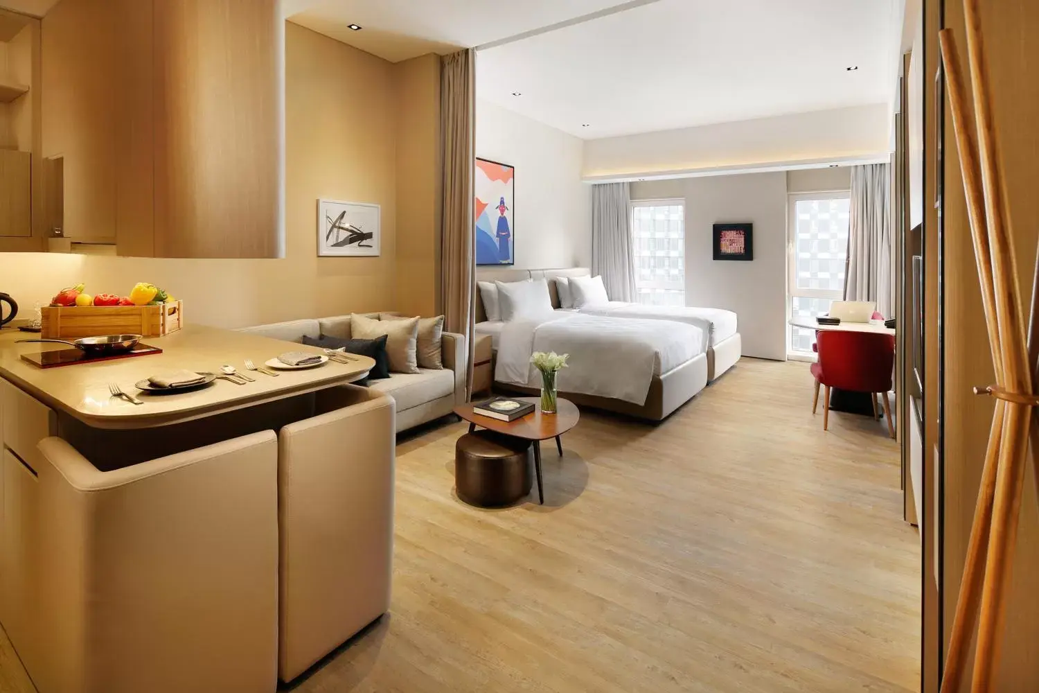 Kitchen or kitchenette, Bed in Artyzen Habitat Dongzhimen Beijing Kitchen or kitchenette, Bed in Artyzen Habitat Dongzhimen Beijing