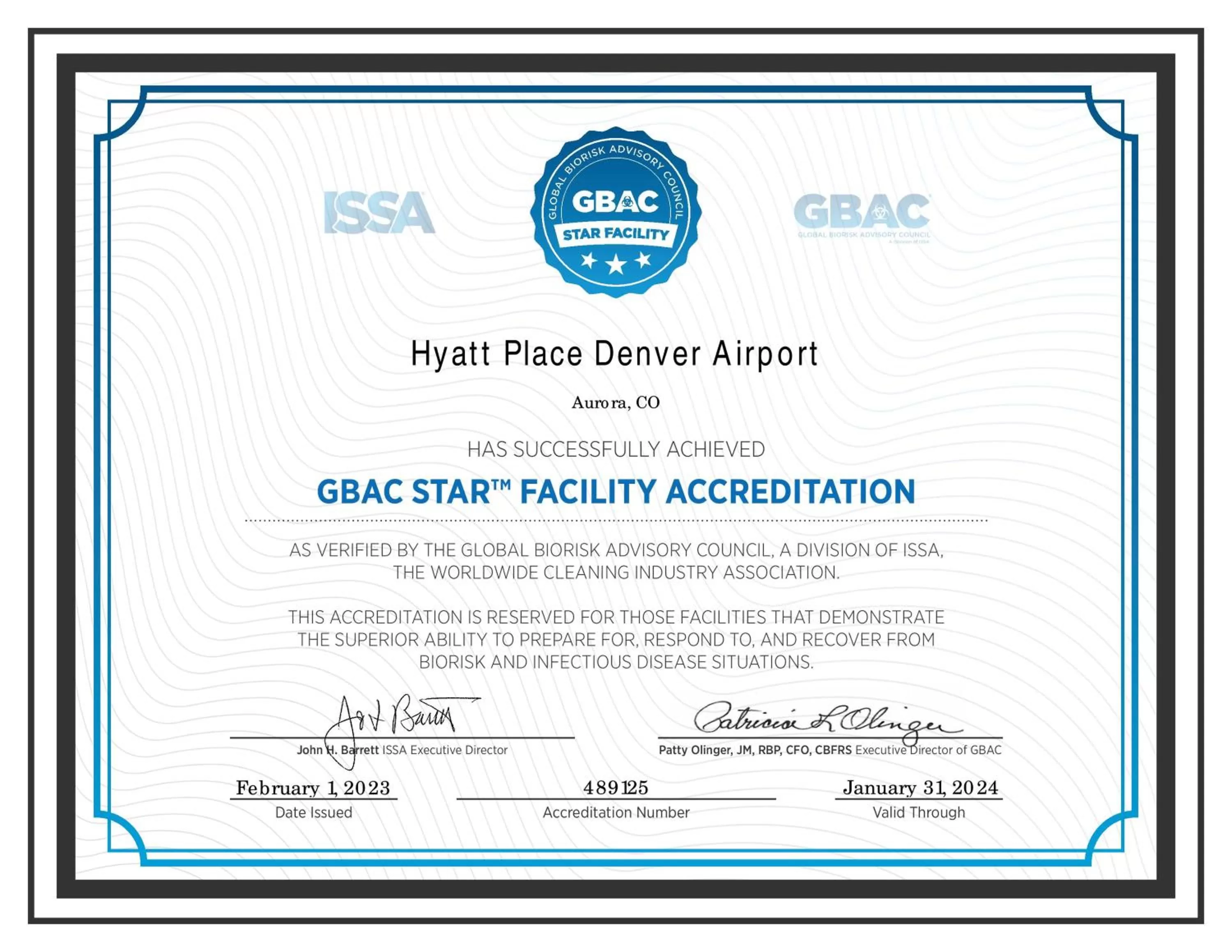 Logo/Certificate/Sign in Hyatt Place Denver Airport
