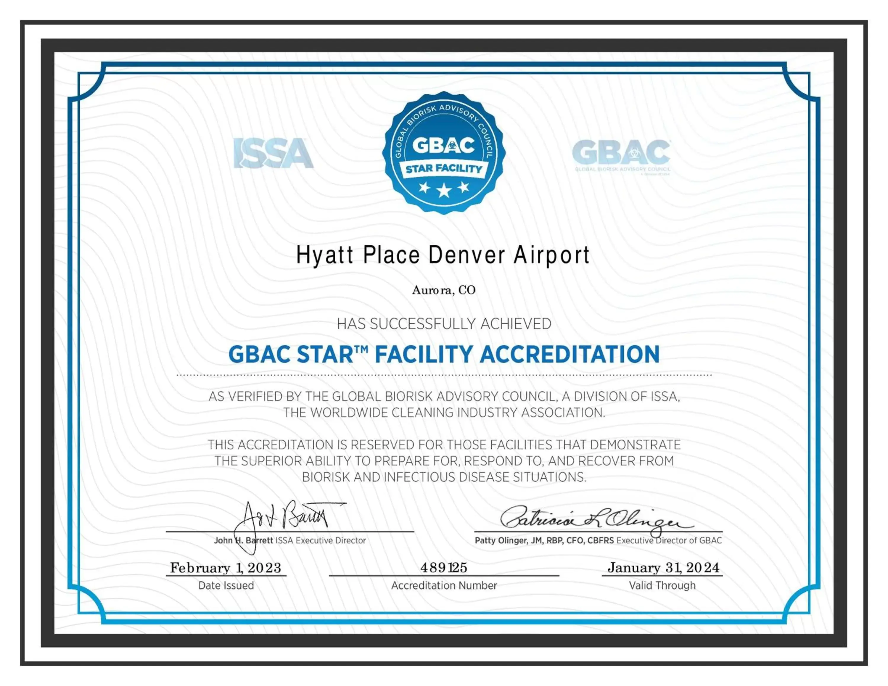 Logo/Certificate/Sign in Hyatt Place Denver Airport
