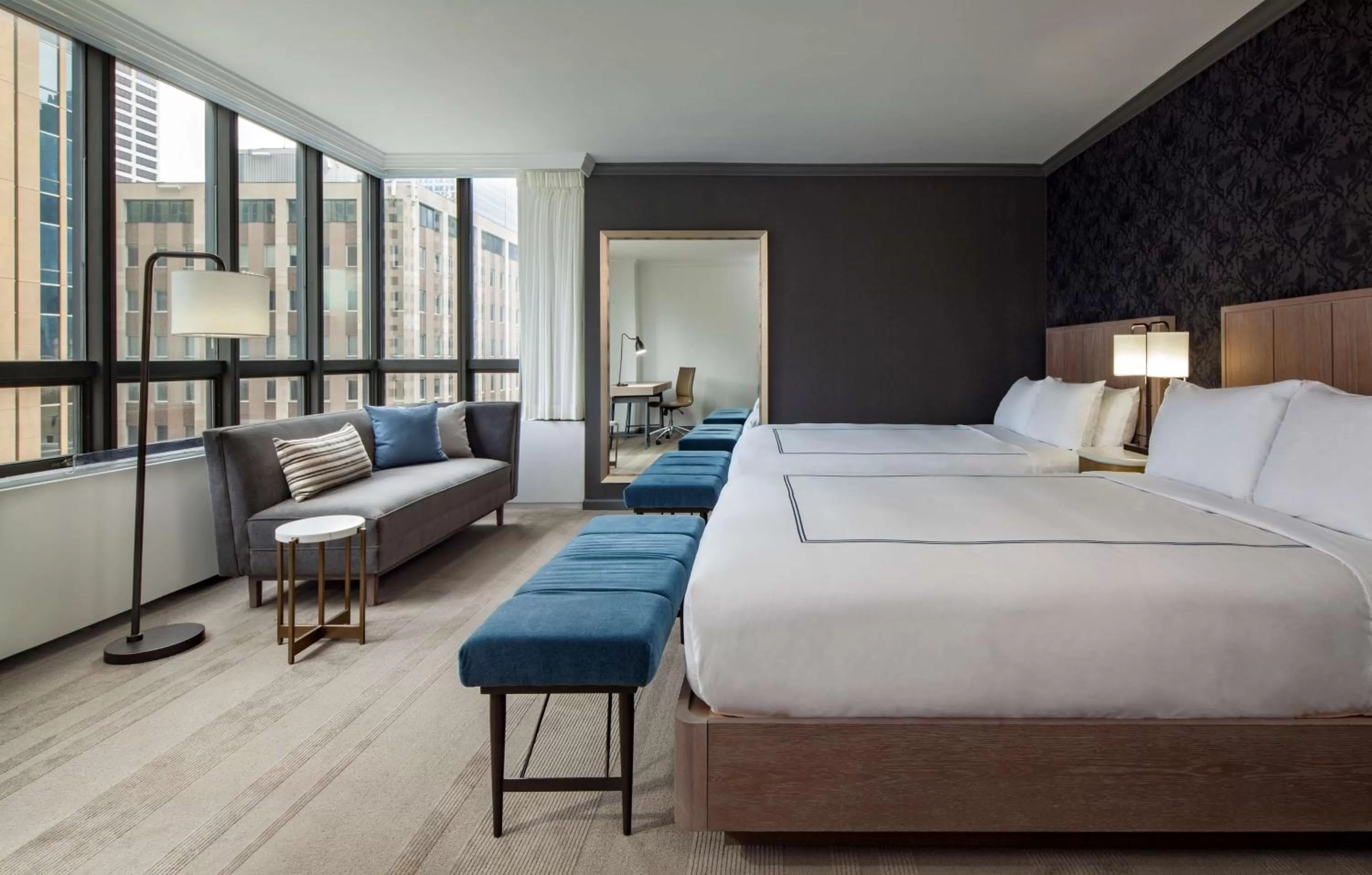 Living room, Bed in The Marquette Hotel, Curio Collection by Hilton