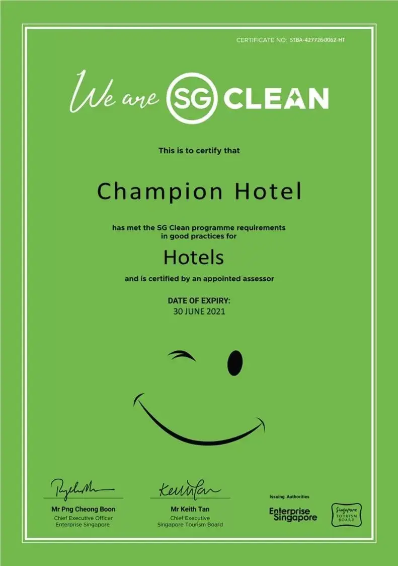 Certificate/Award in Champion Hotel