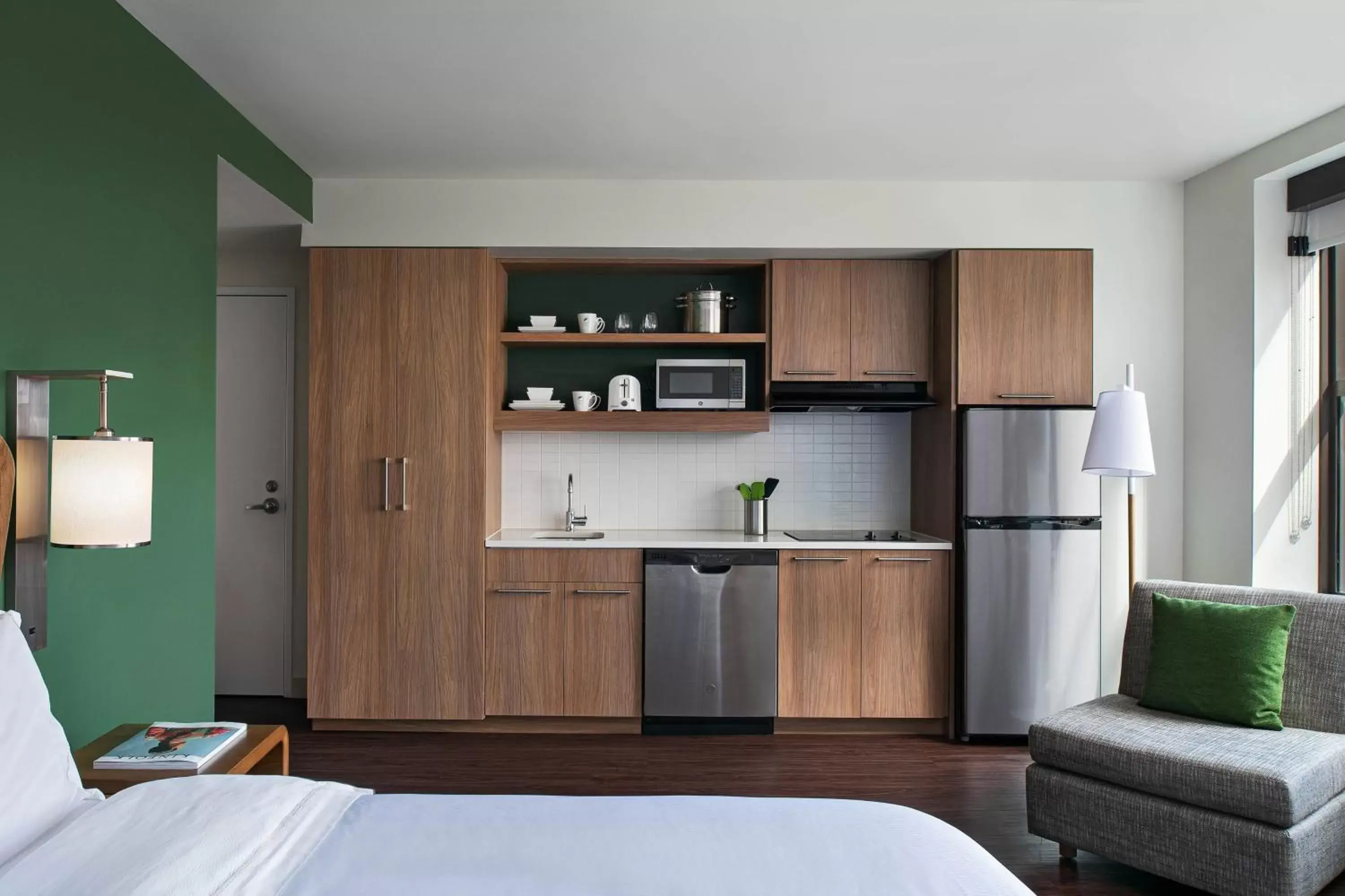 Queen Studio - Mobility Accessible with Roll-in Shower in Element Detroit at the Metropolitan Queen Studio - Mobility Accessible with Roll-in Shower in Element Detroit at the Metropolitan