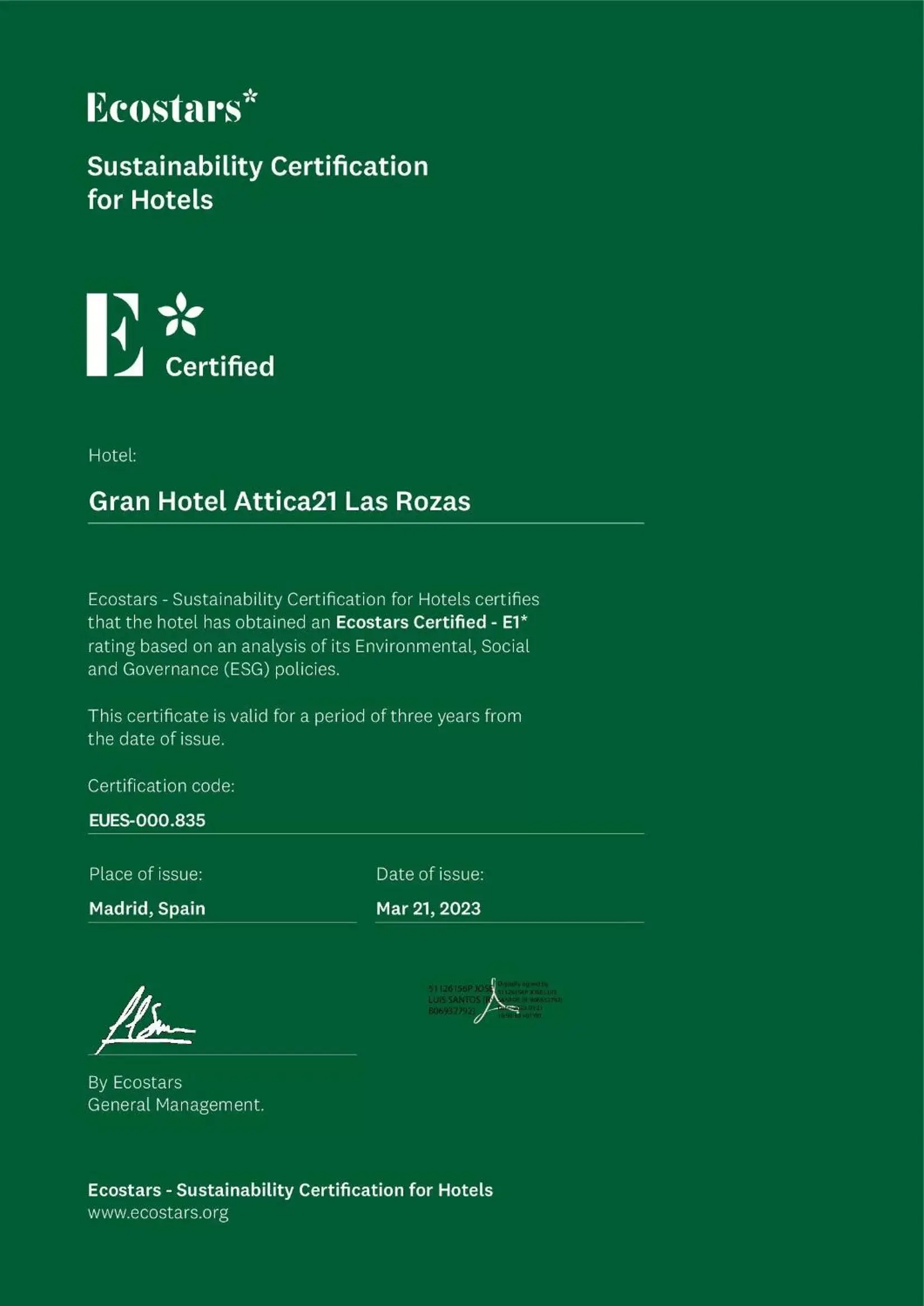 Certificate/Award in Gran Hotel Attica21 Las Rozas