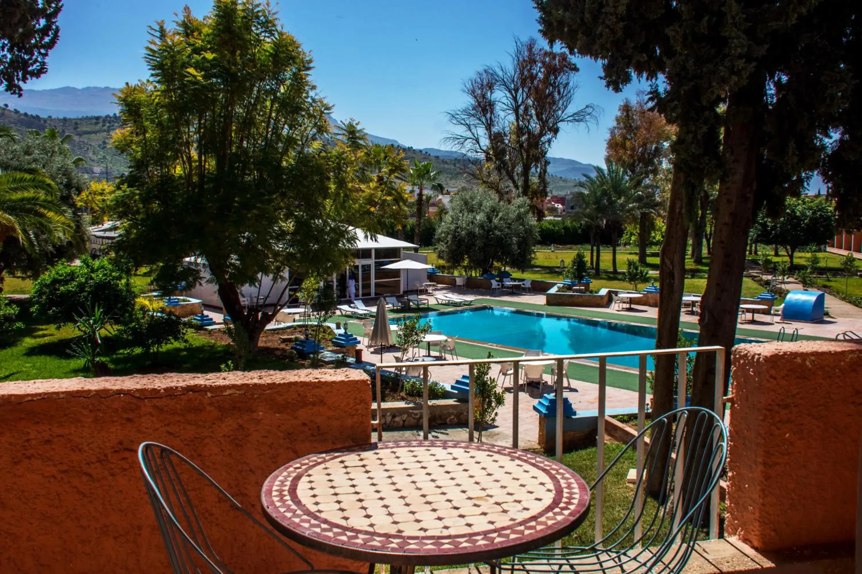 Balcony/Terrace, Pool View in Hotel Ouzoud Beni Mellal