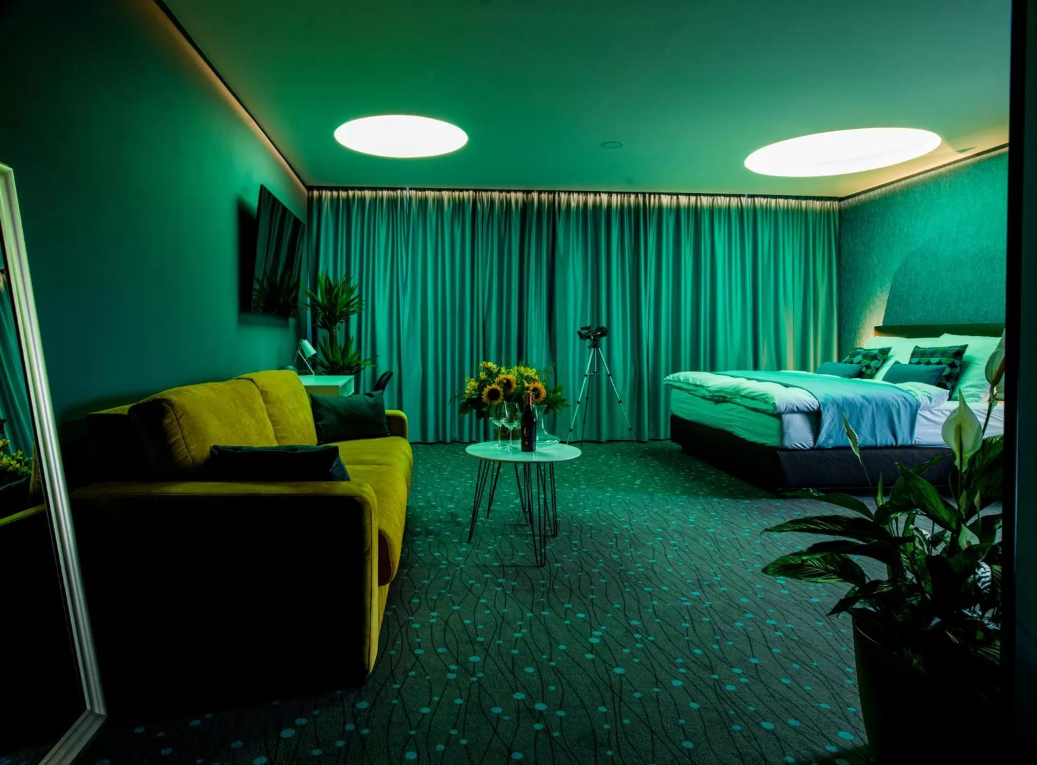 Living room, Bed in Rooftop Planet Prague Hotel