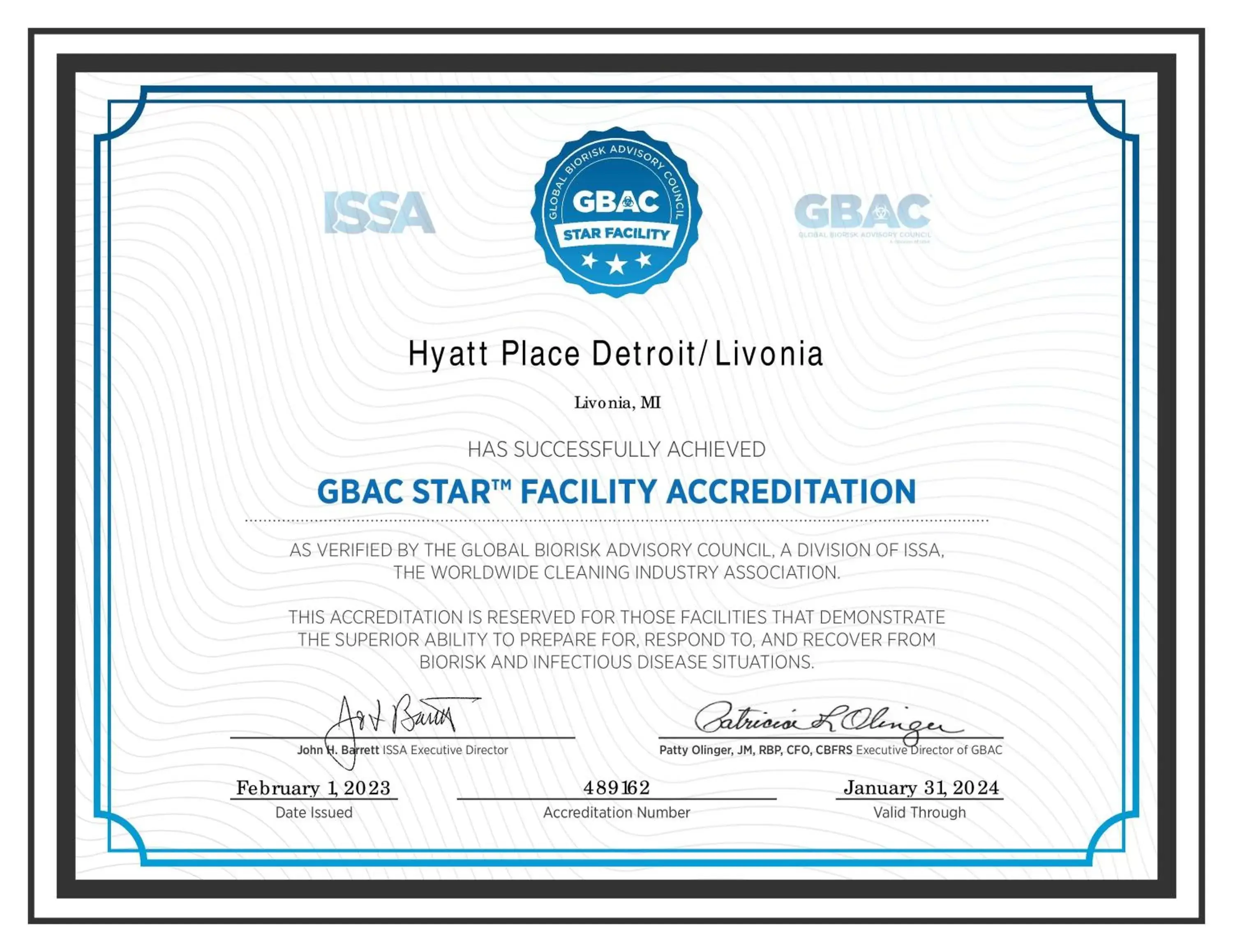 Certificate/Award in Hyatt Place Detroit/Livonia