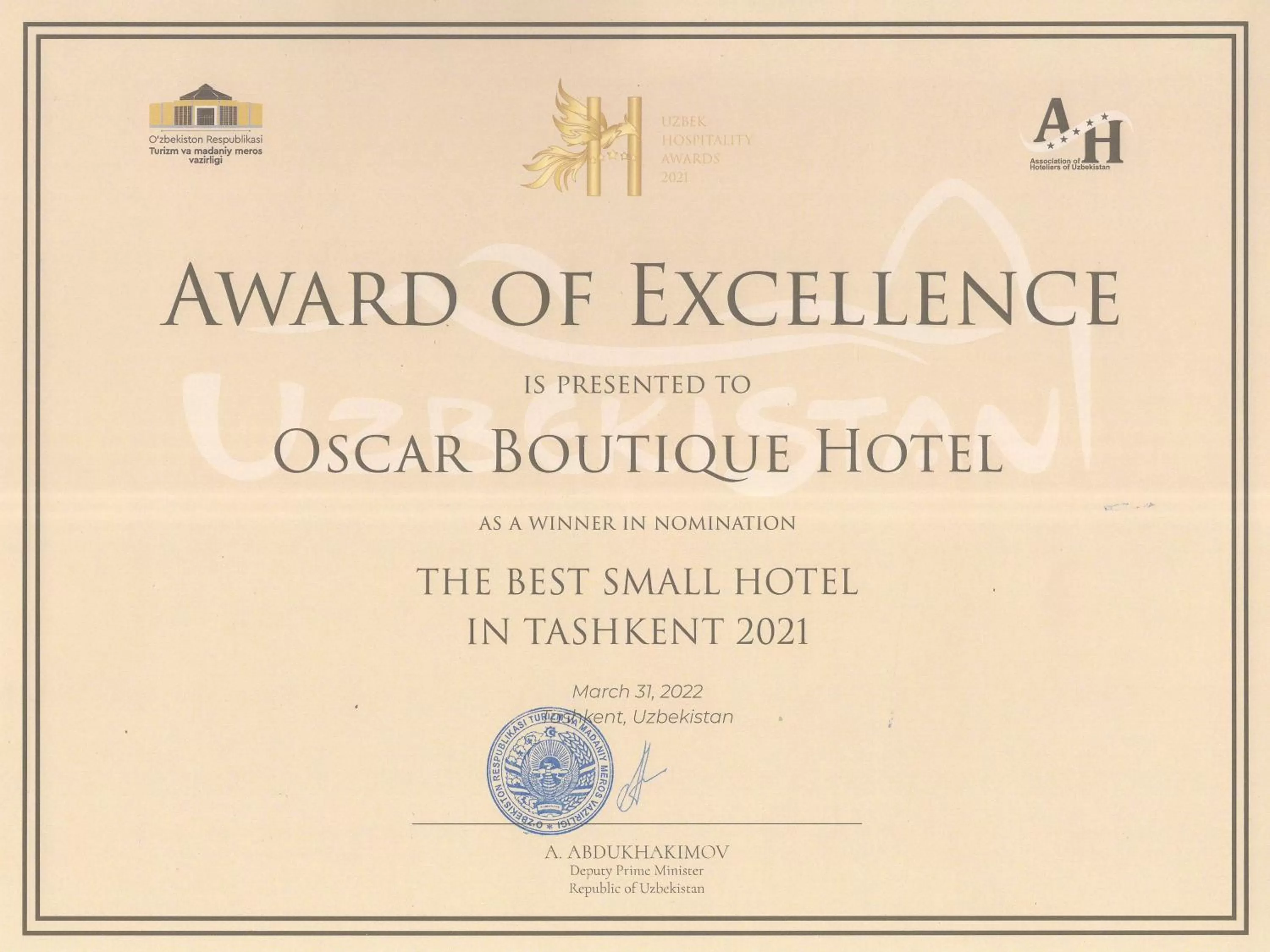 Certificate/Award in OSCAR BOUTIQUE HOTEL