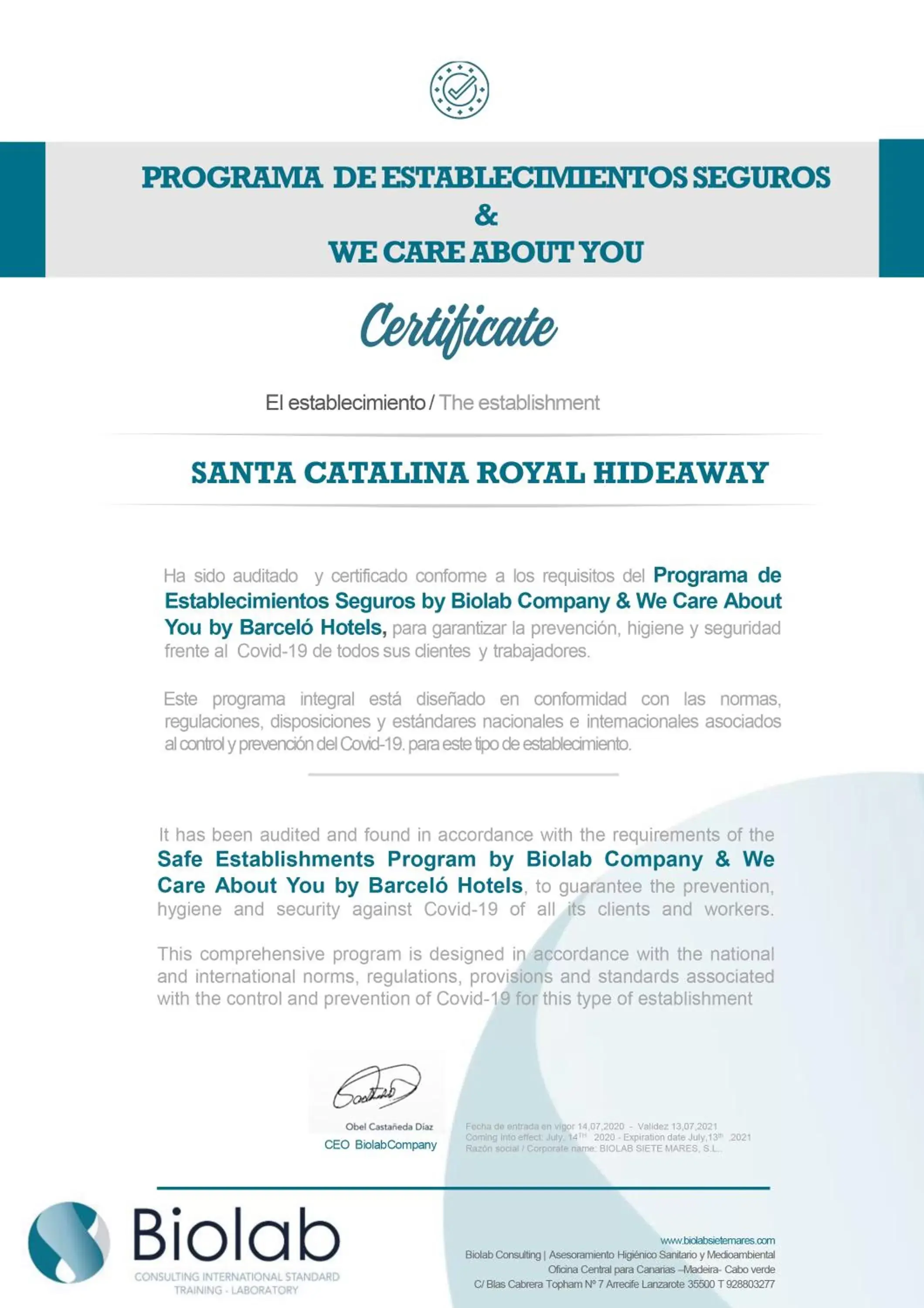 Certificate/Award in Santa Catalina, a Royal Hideaway Hotel