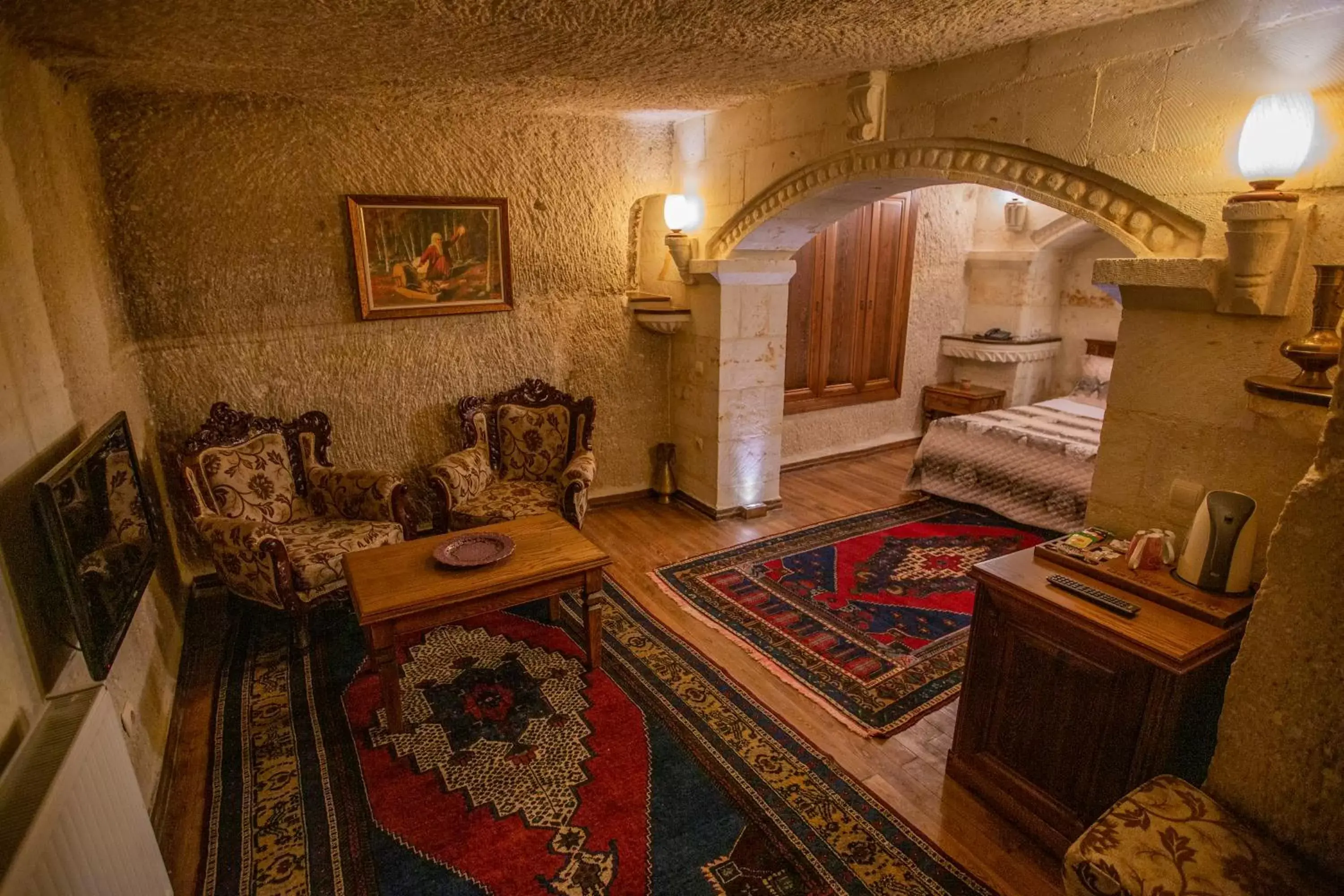 Seating area in Stone House Cave Hotel