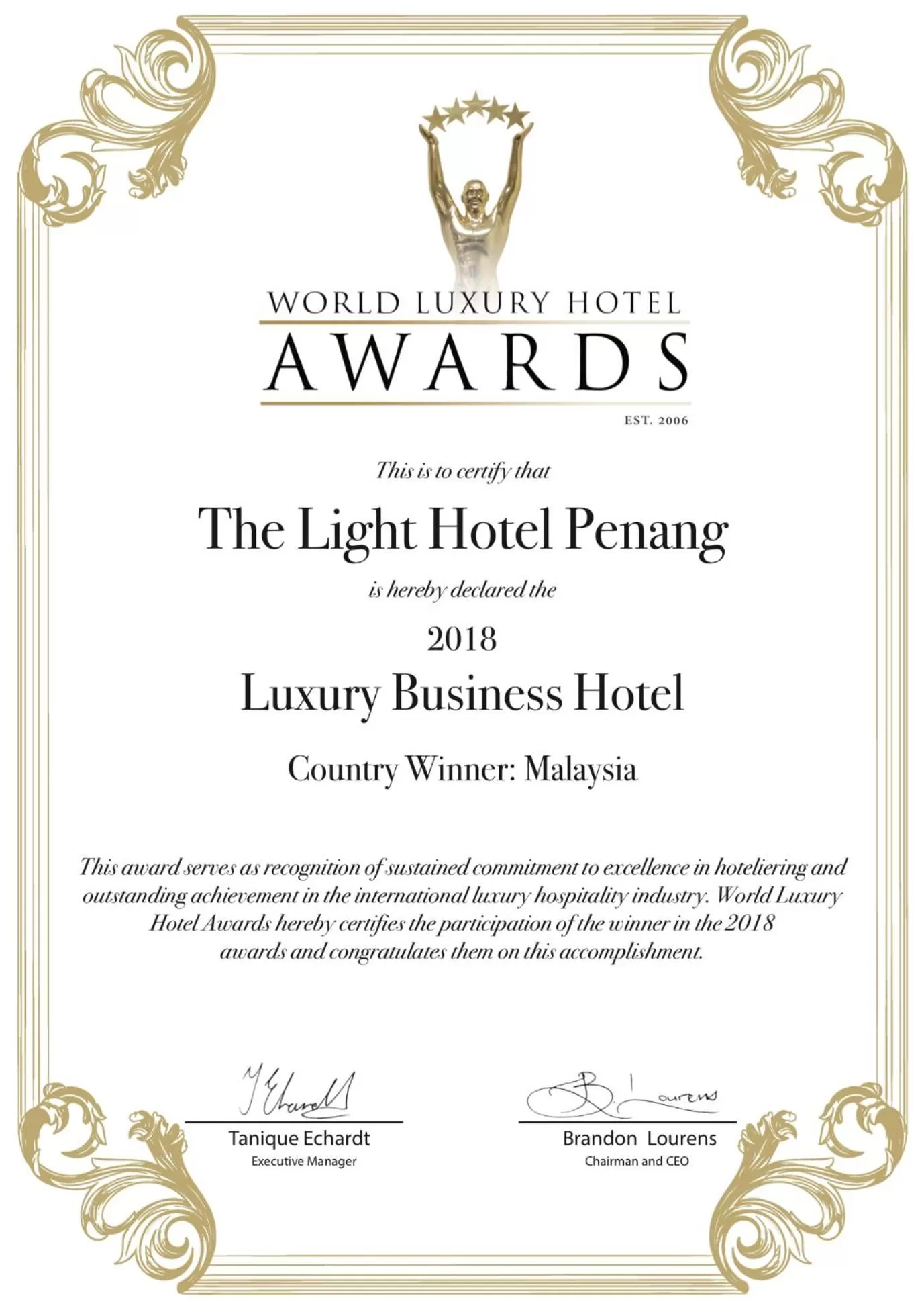 Certificate/Award in The Light Hotel Penang