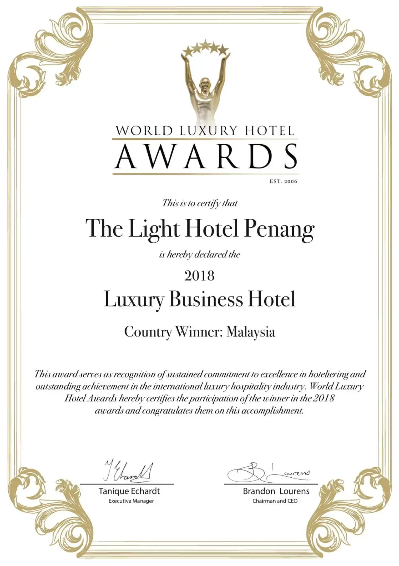 Certificate/Award in The Light Hotel Penang