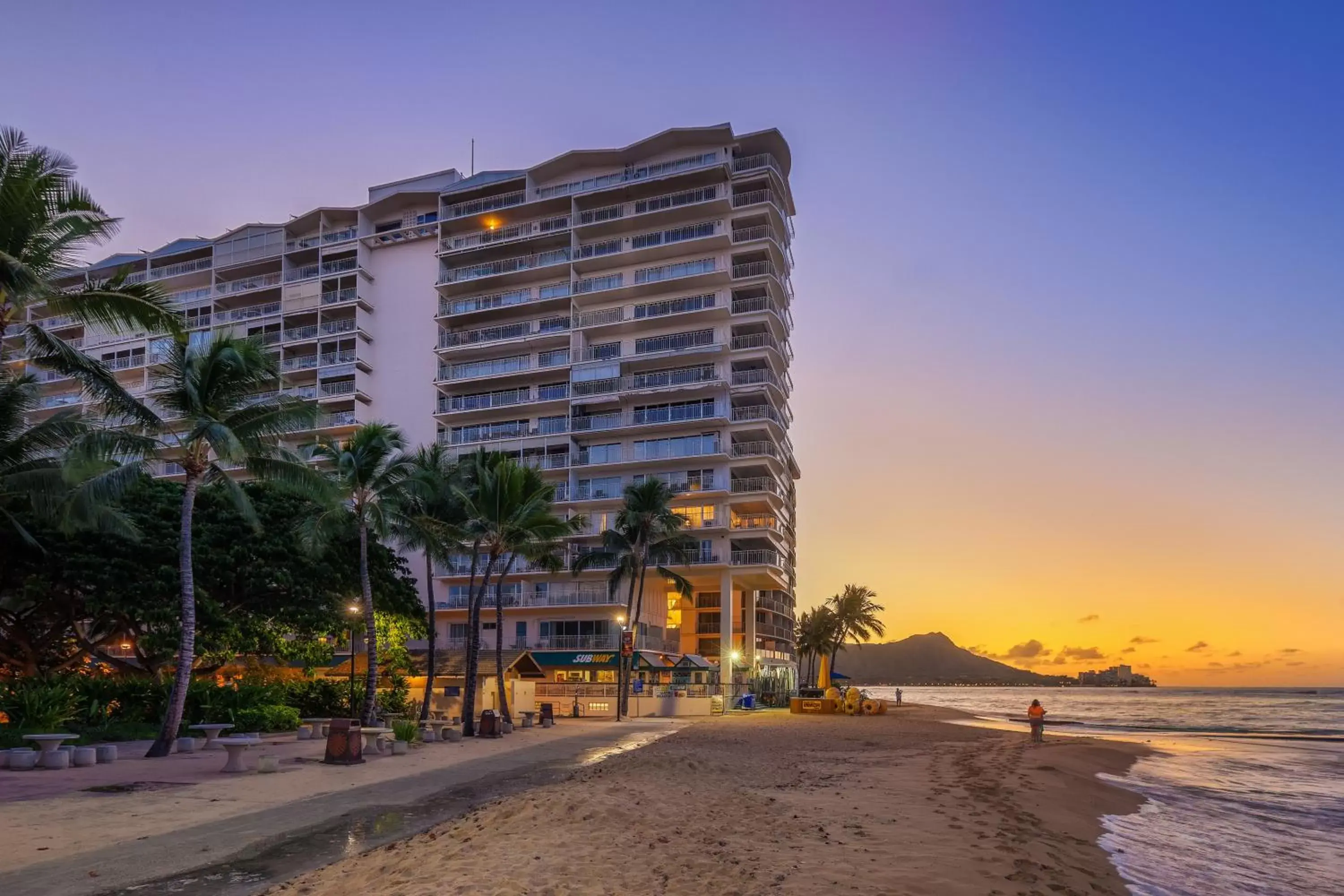 Sunset, Property Building in Castle Waikiki Shore Beachfront Condominiums