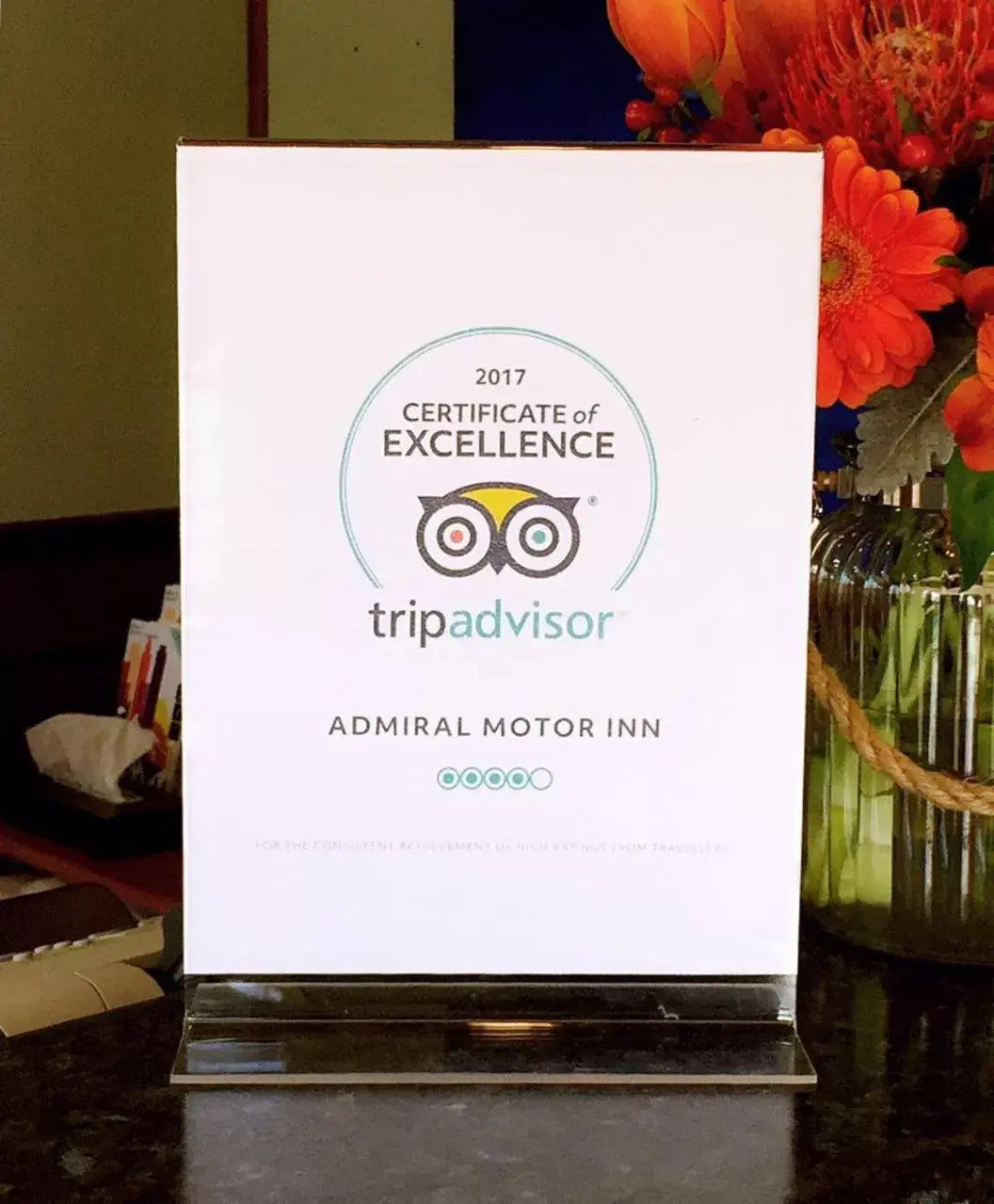 Certificate/Award in Admiral Motor Inn