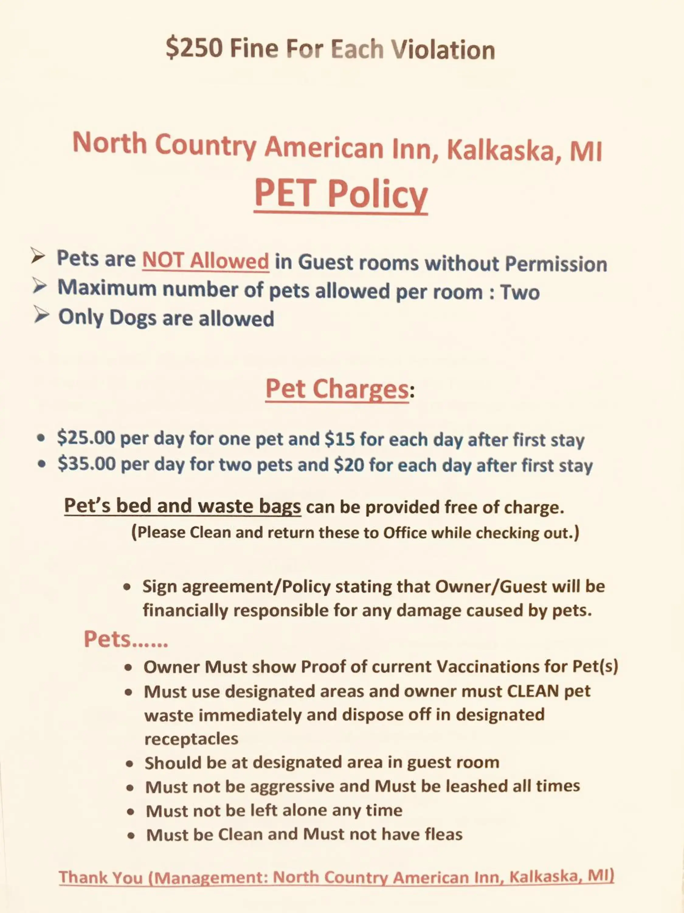 Pets in North Country American Inn