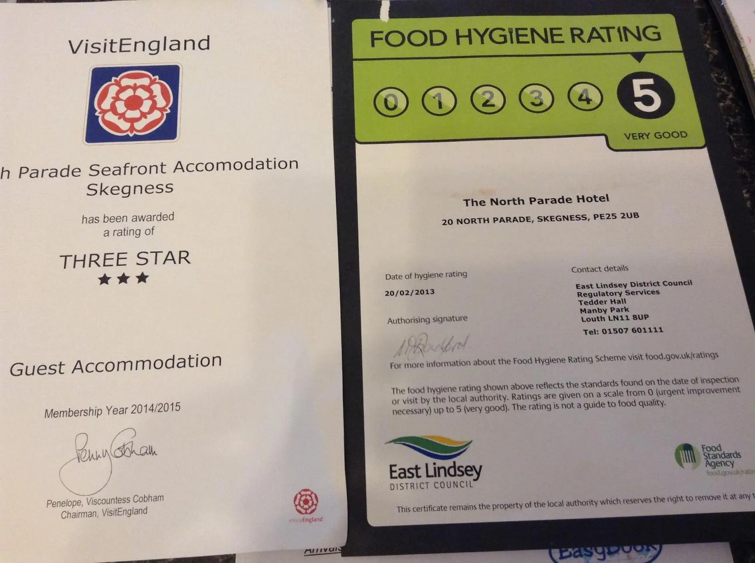 Certificate/Award in North Parade Seafront Accommodation