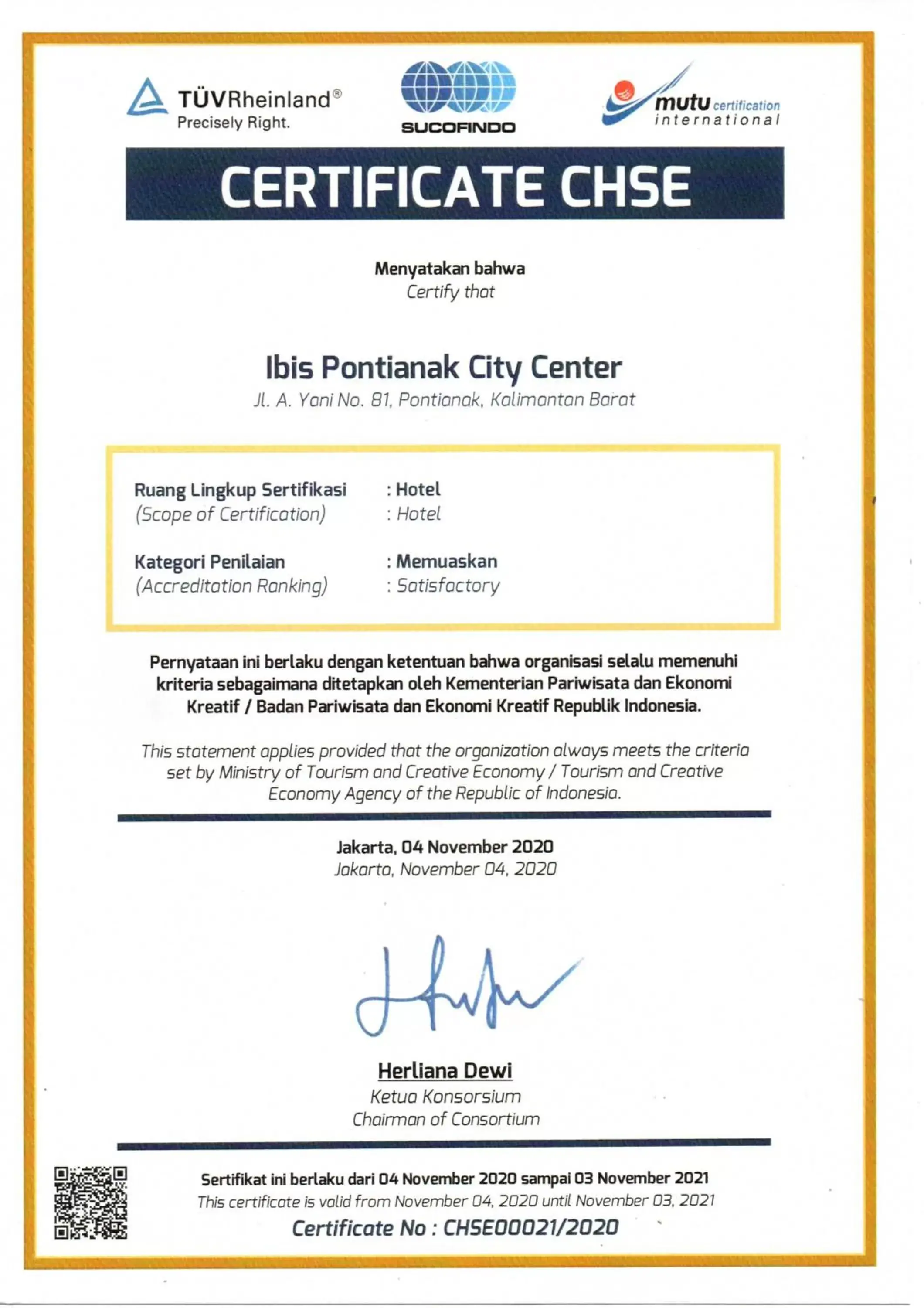 Certificate/Award in ibis Pontianak City Center