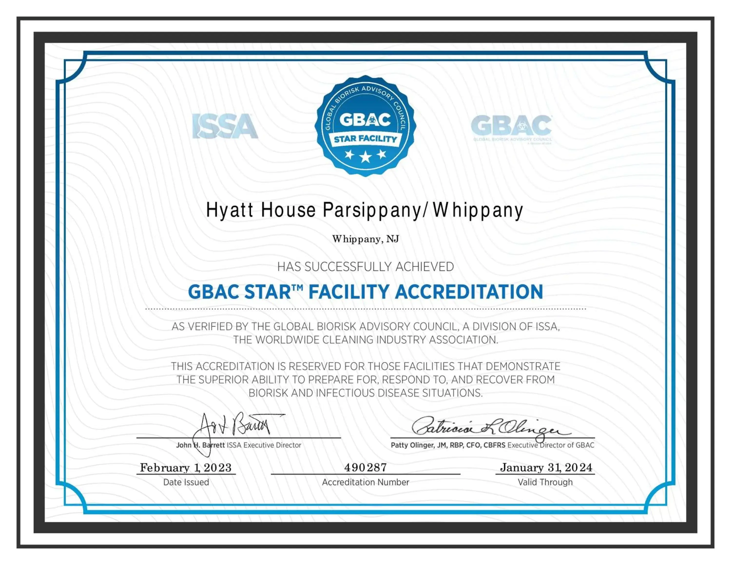 Certificate/Award in Hyatt House Parsippany Whippany