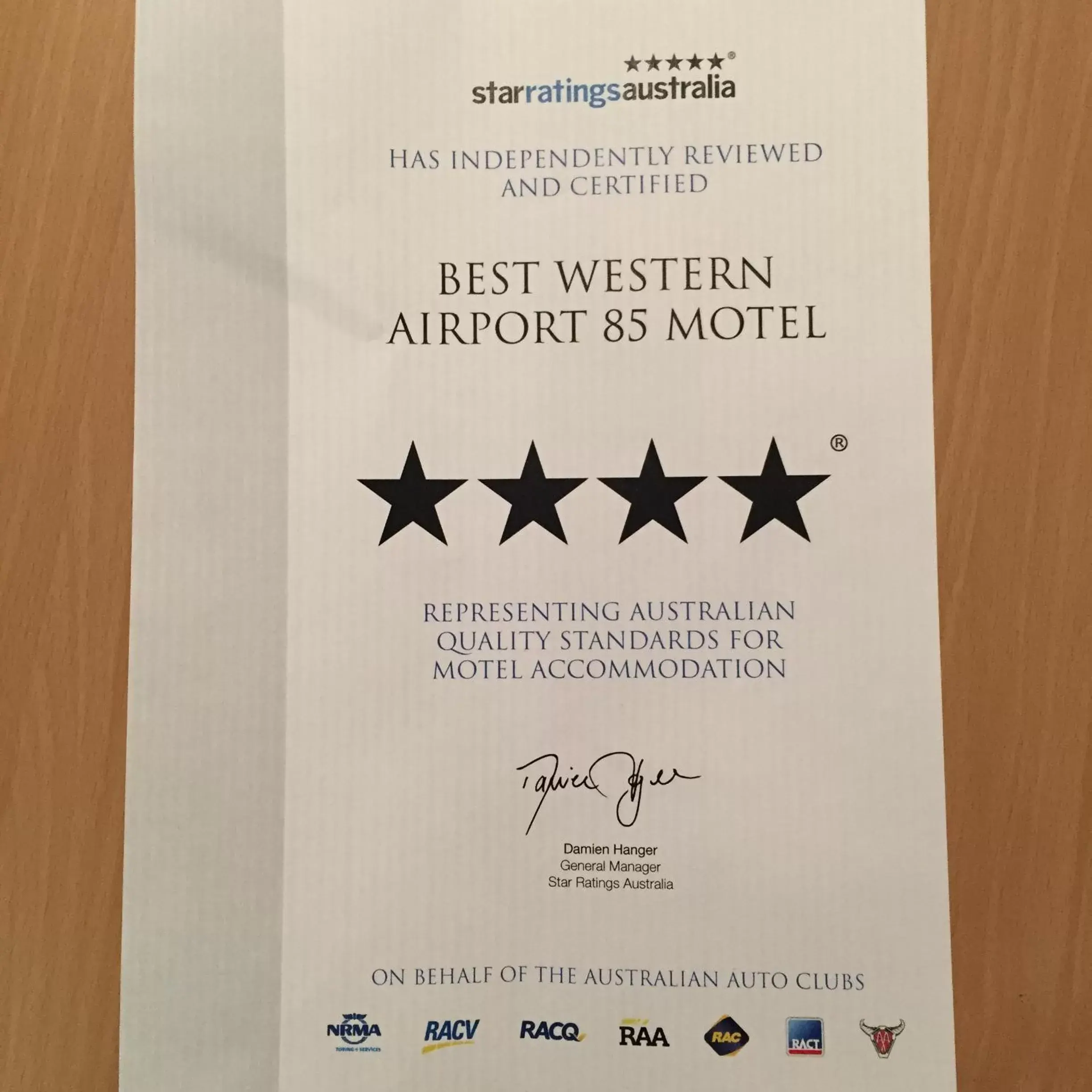Certificate/Award in Best Western Airport 85 Motel