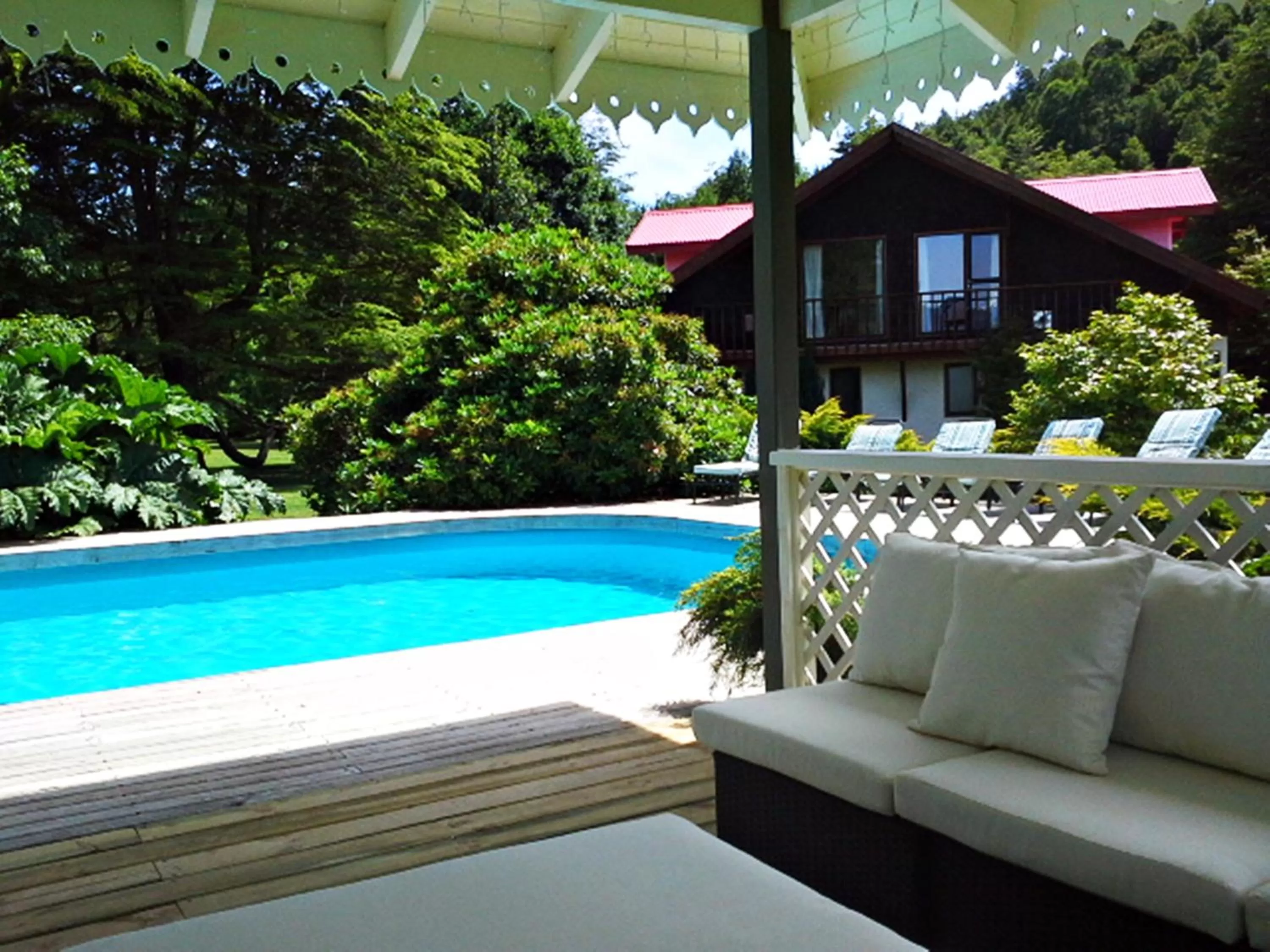 Patio, Swimming Pool in Hotel Salto del Carileufu