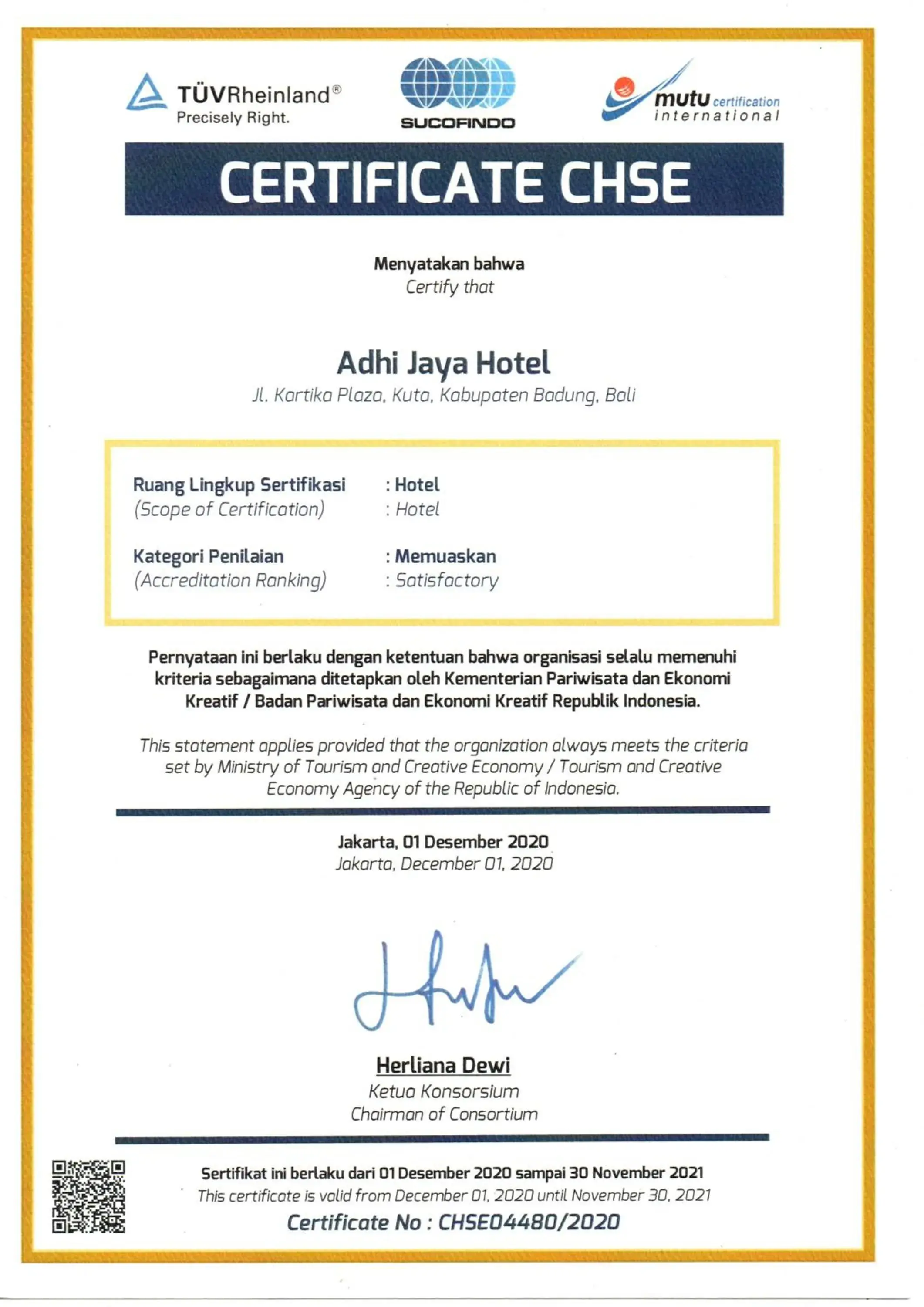 Certificate/Award in Adhi Jaya Hotel