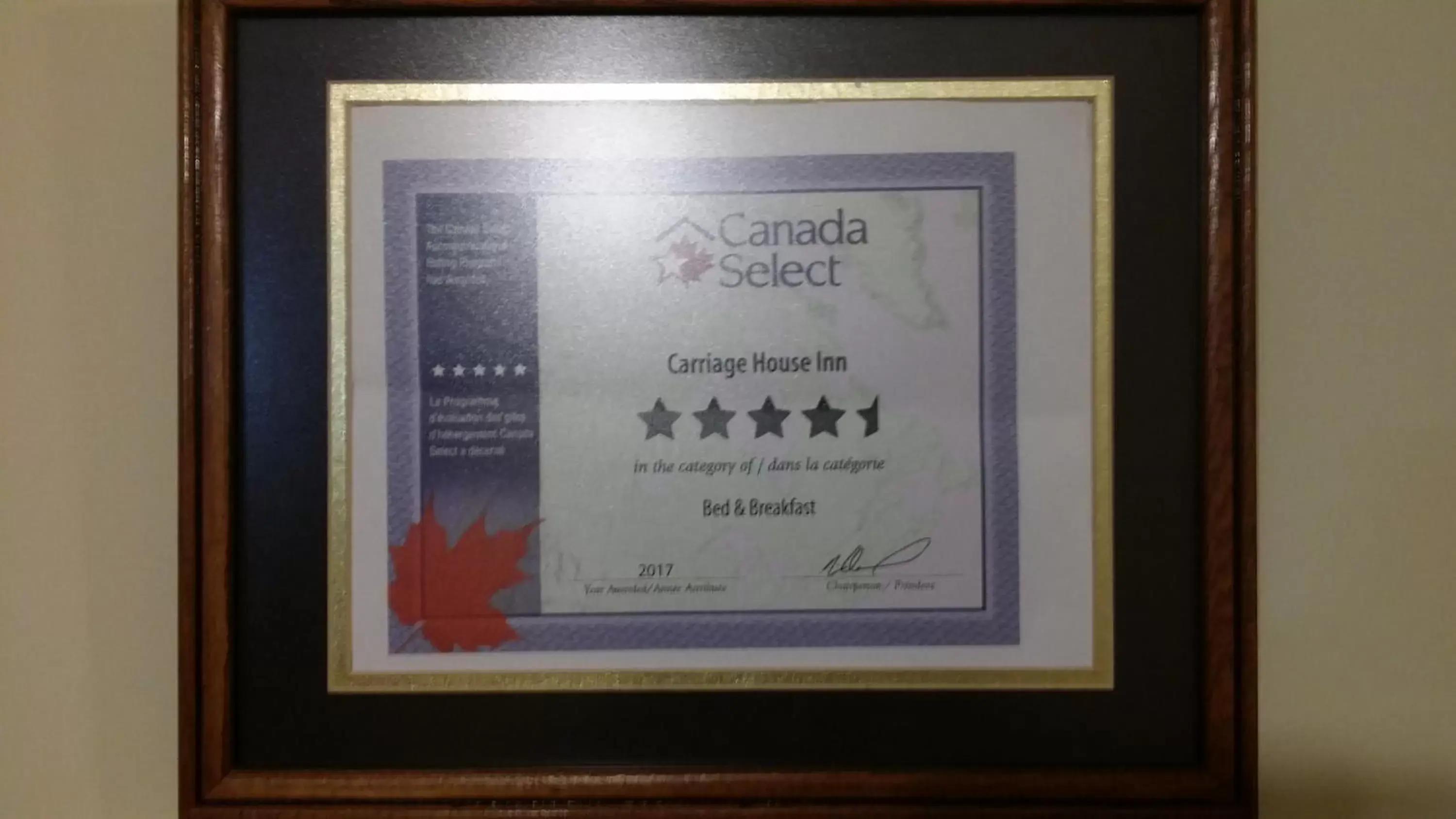 Certificate/Award in Carriage House Inn Four and a Half Stars