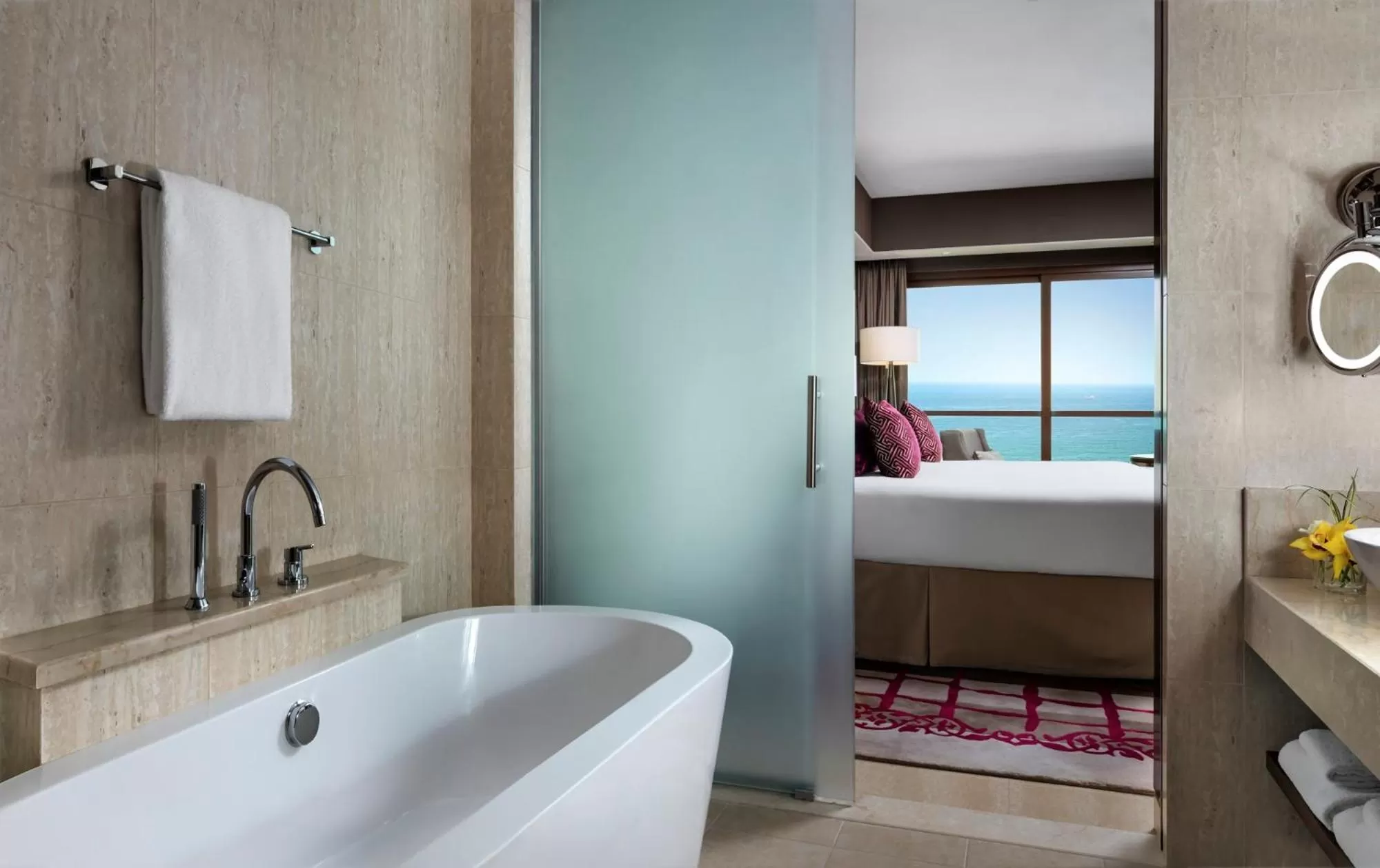 Bathroom, Bed in Fairmont Ajman