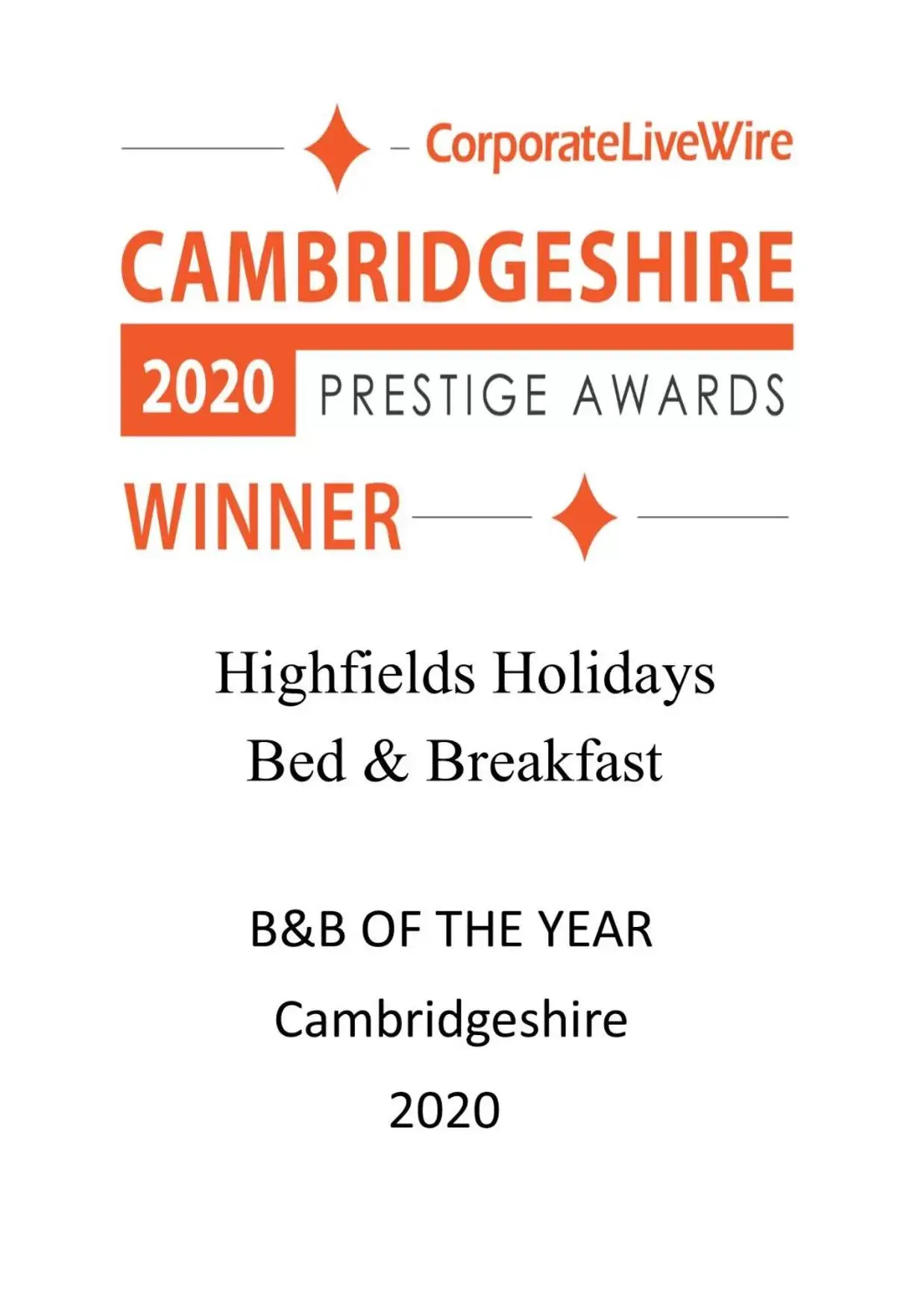 Certificate/Award in Highfields Holidays bed & breakfast