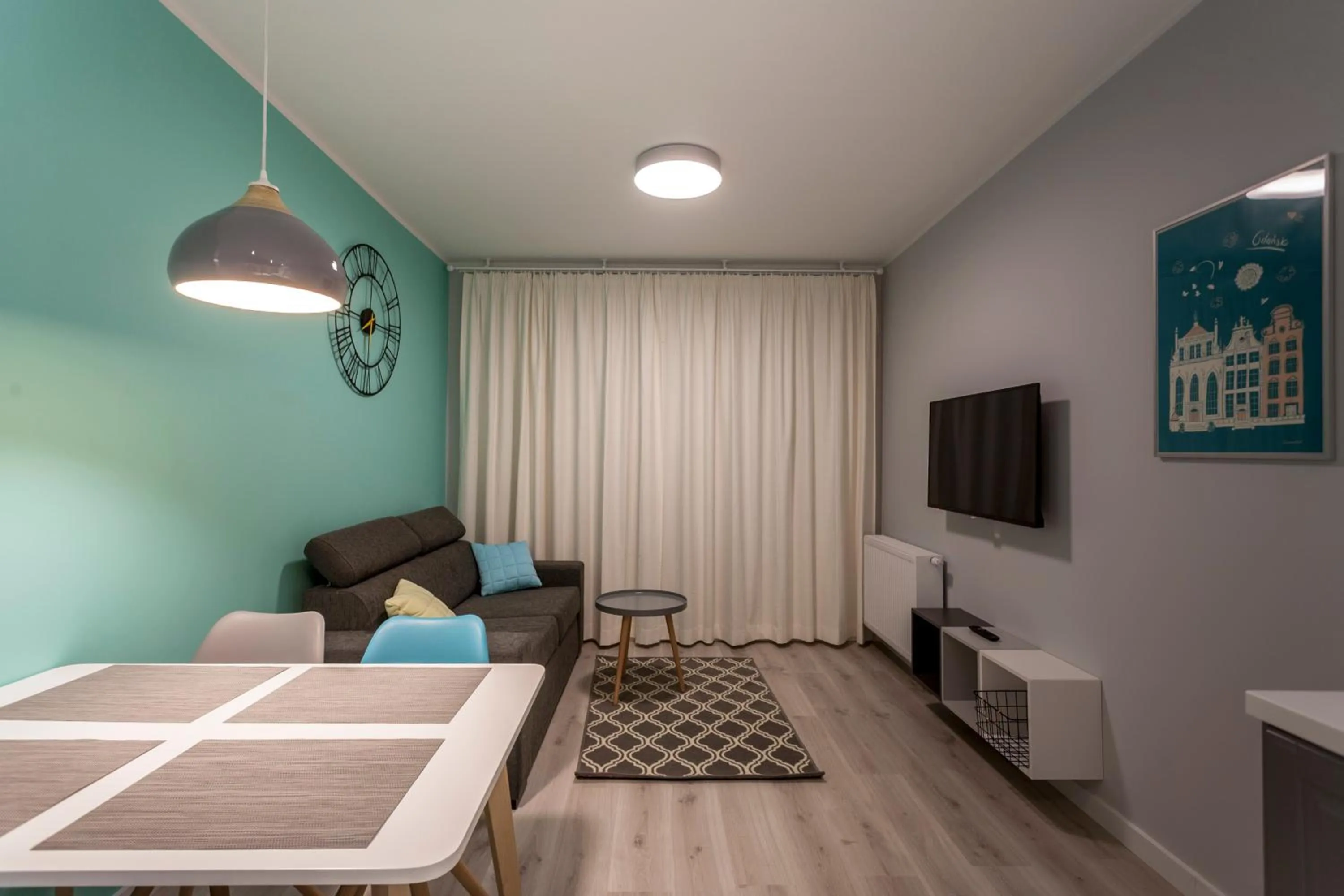 Dining area, Bed in GRANO APARTMENTS Gdańsk Motława SPA & Wellness