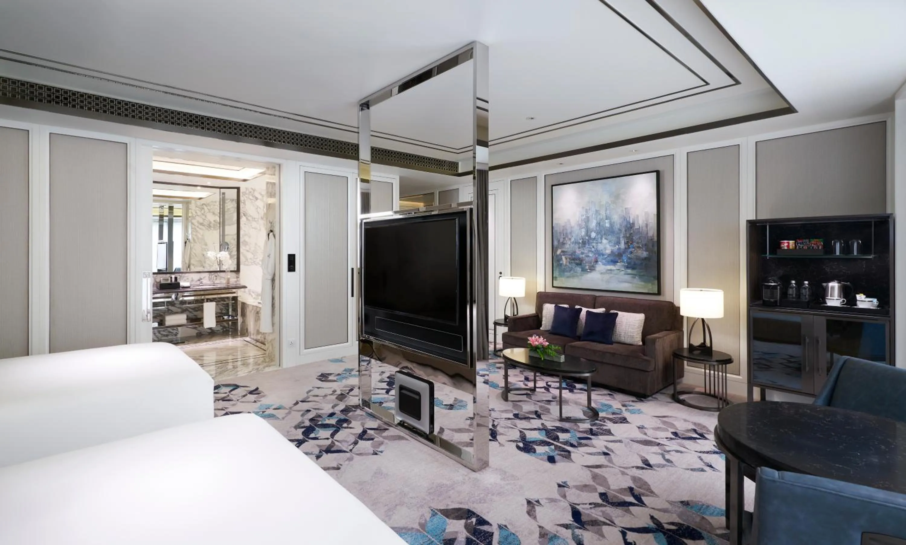 Seating area, Bed in Hotel Okura Manila at Newport World Resorts