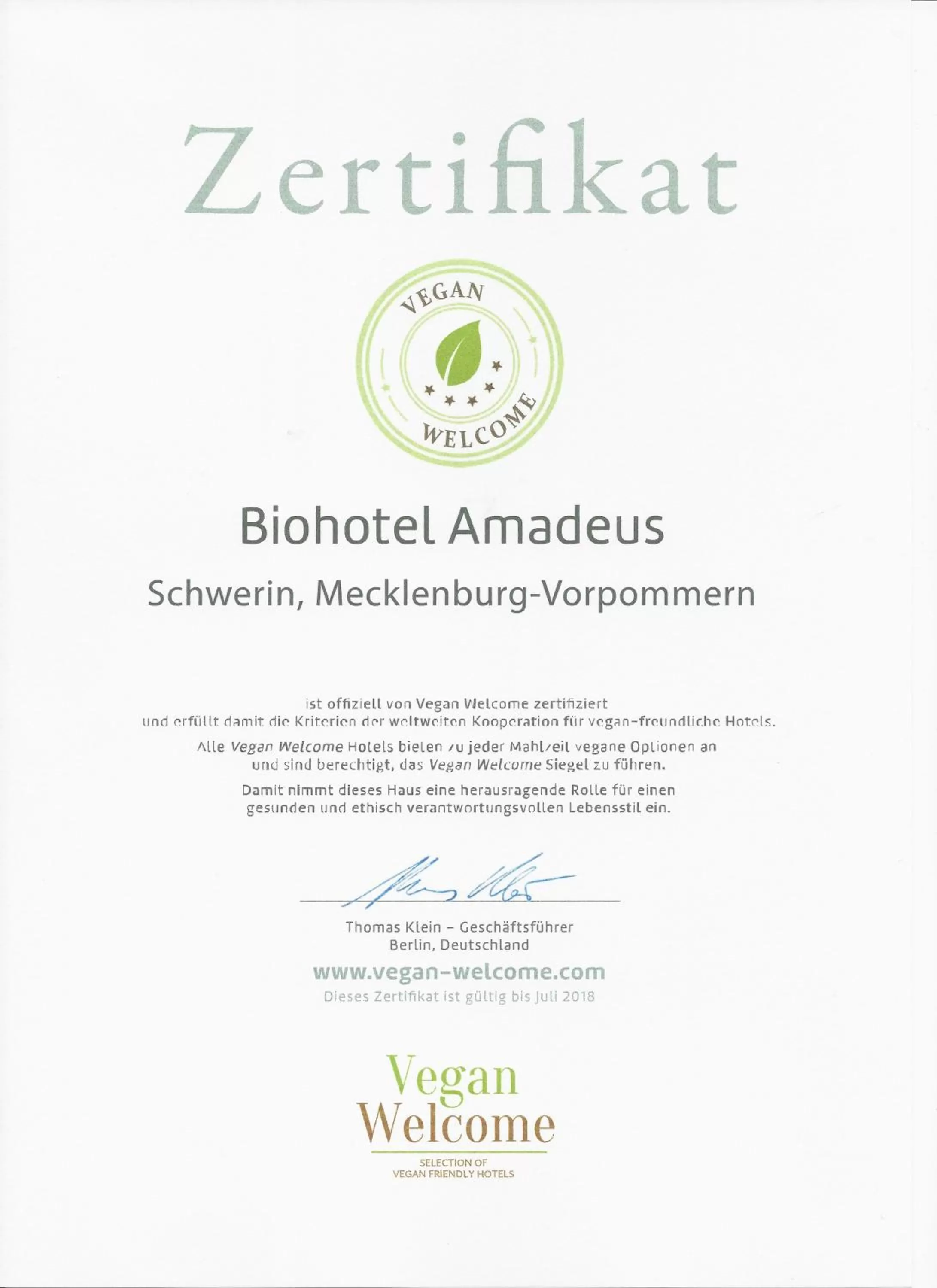 Certificate/Award in Biohotel Amadeus