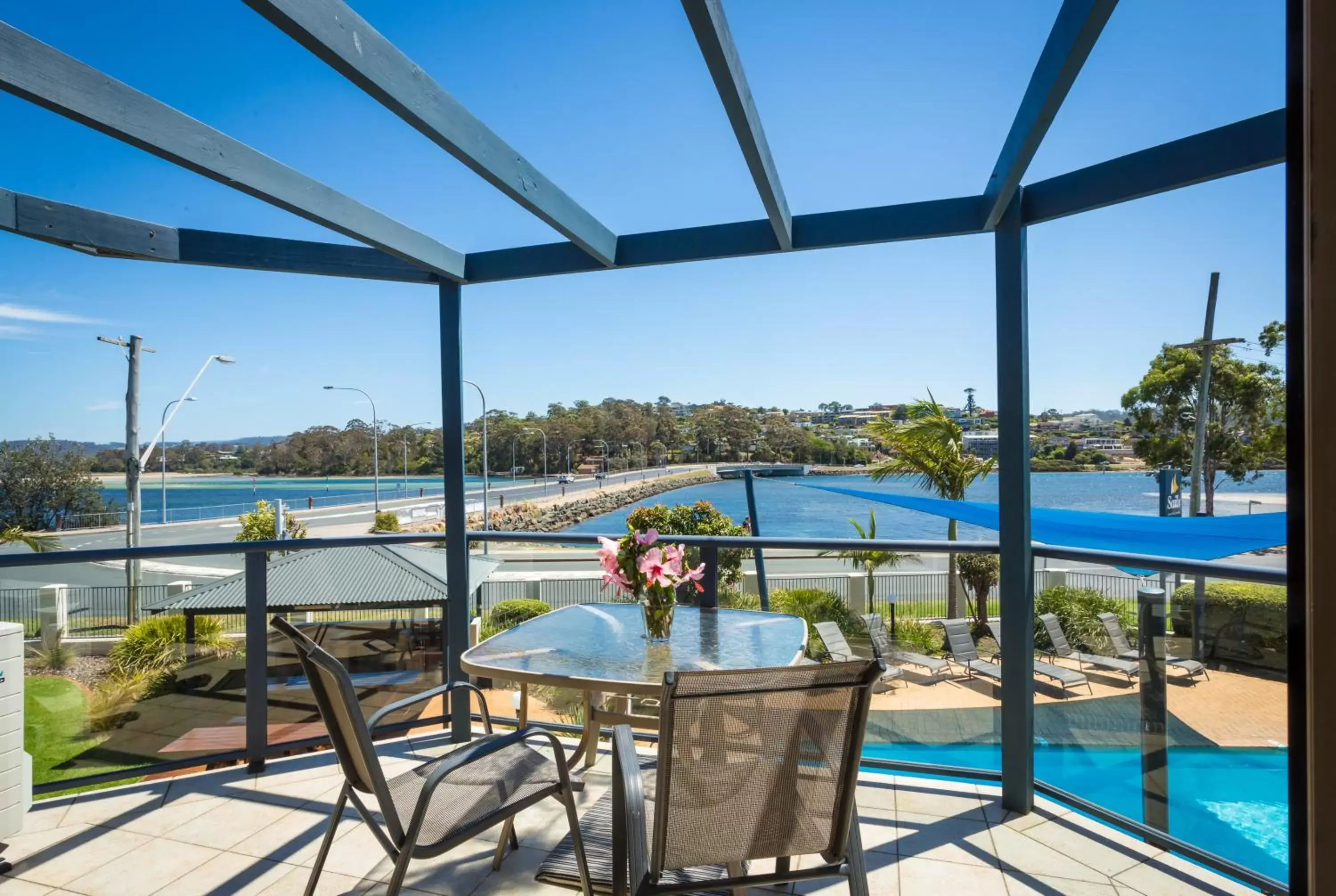 Balcony/Terrace, Pool View in Sails Luxury Apartments Merimbula