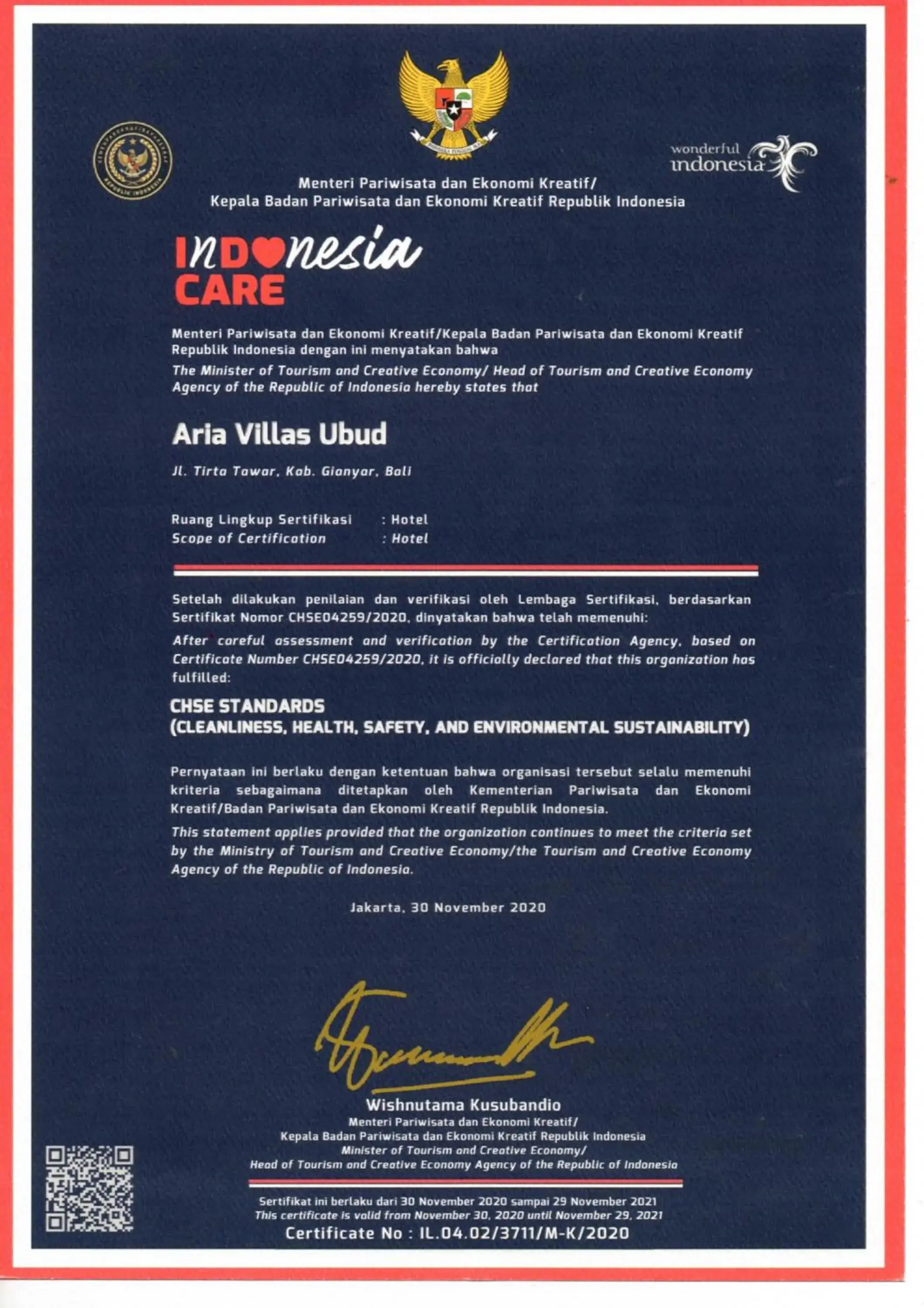 Certificate/Award in Aria Villas Ubud