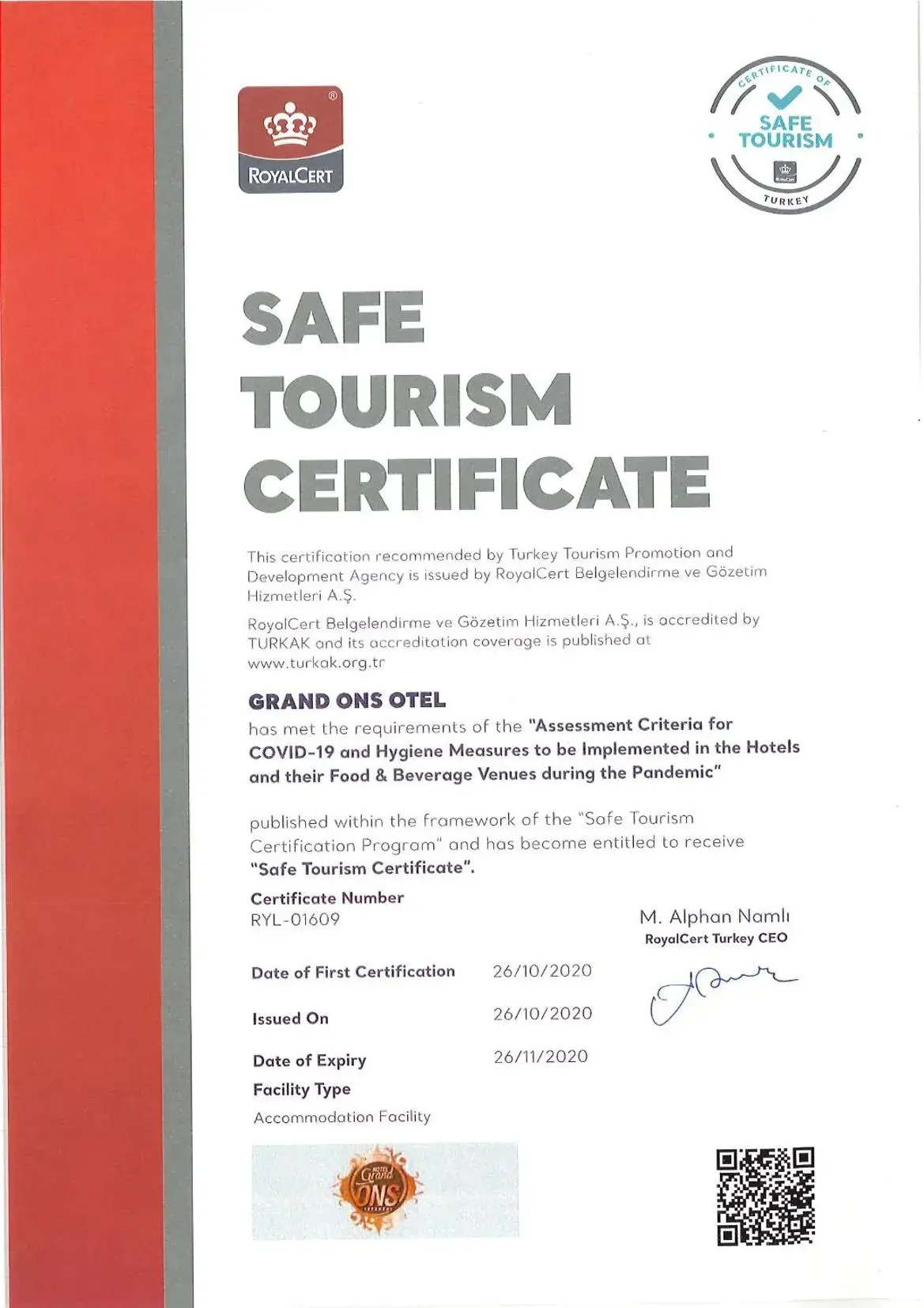 Logo/Certificate/Sign in Grand Ons Hotel
