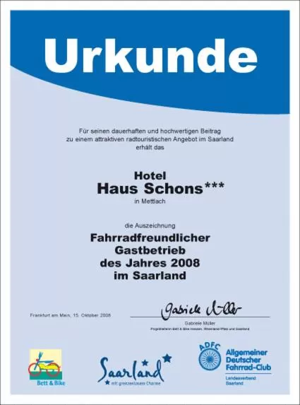 Certificate/Award in Hotel Haus Schons