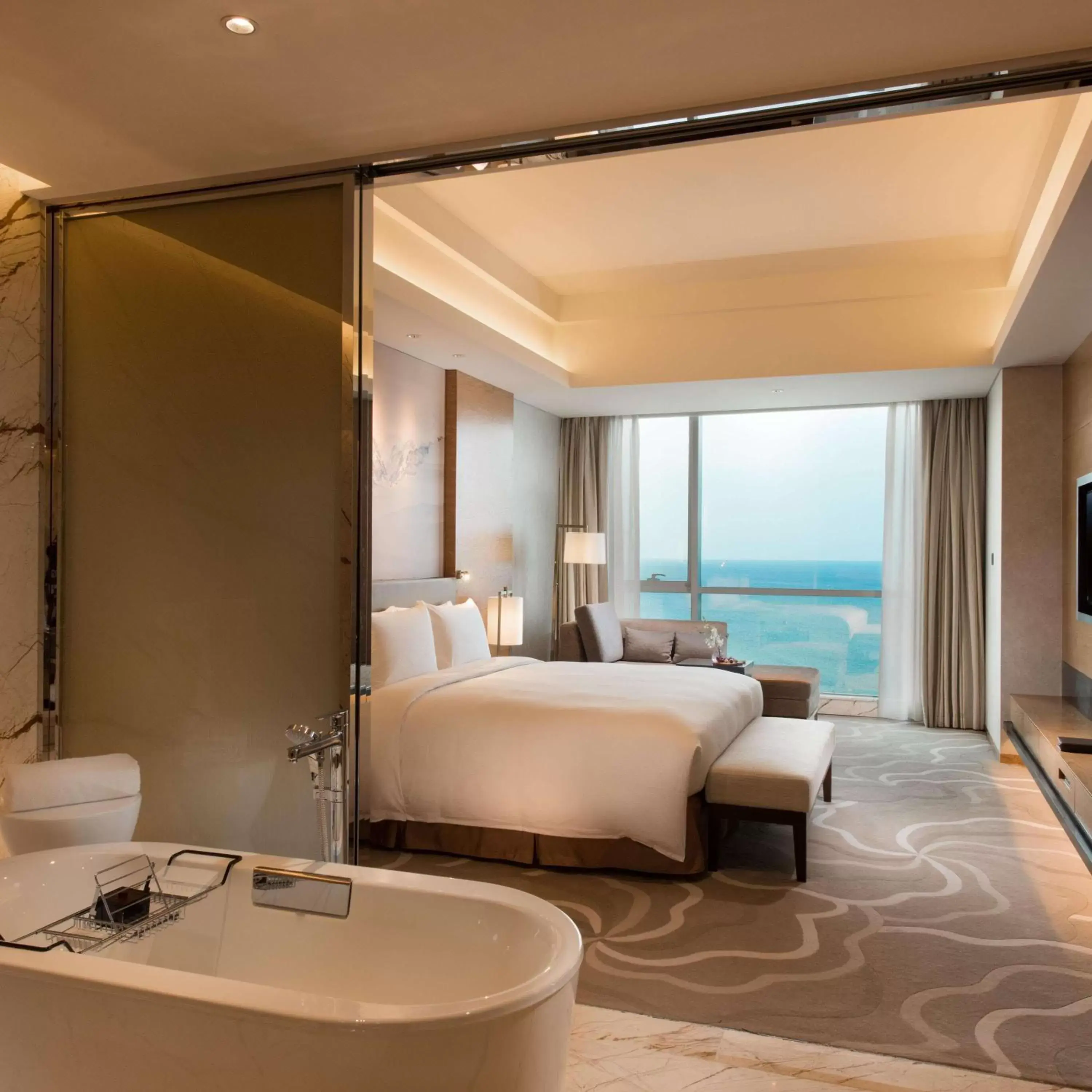 Bed, Bathroom in Hilton Yantai Golden Coast