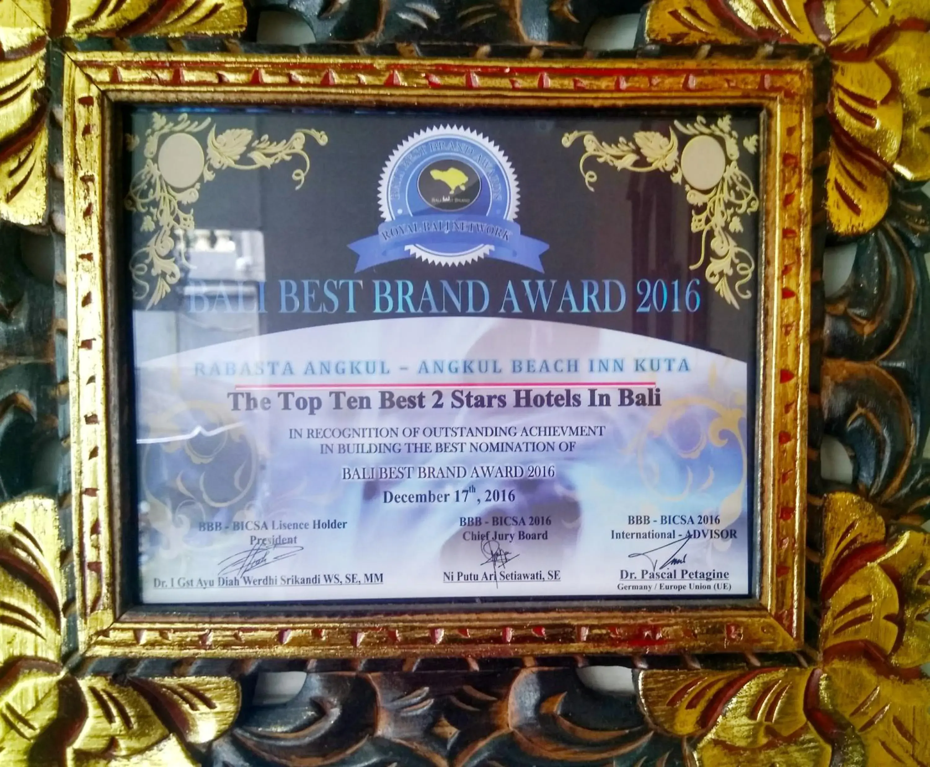 Certificate/Award in Angkul Angkul Beach inn Kuta