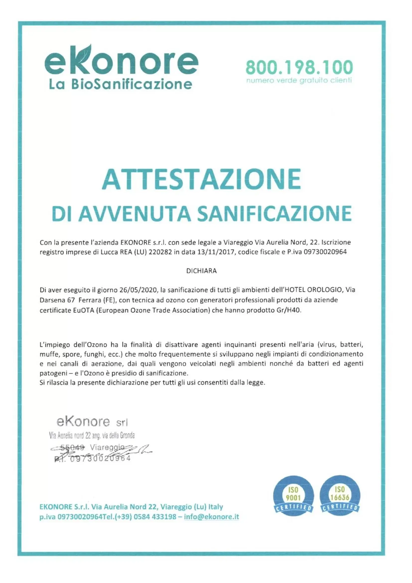 Certificate/Award in Hotel Orologio