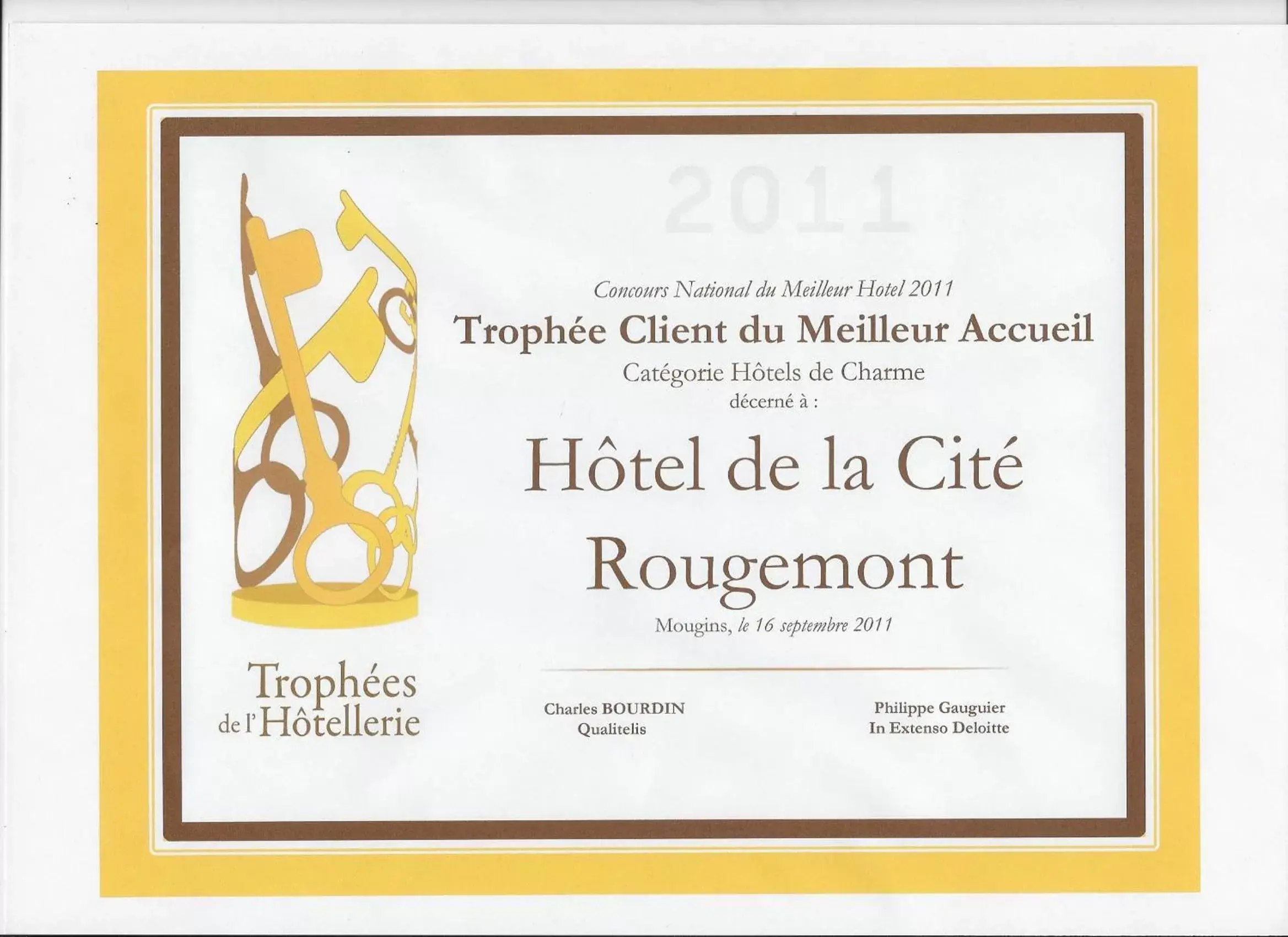 Certificate/Award in Hotel De La Cite Rougemont