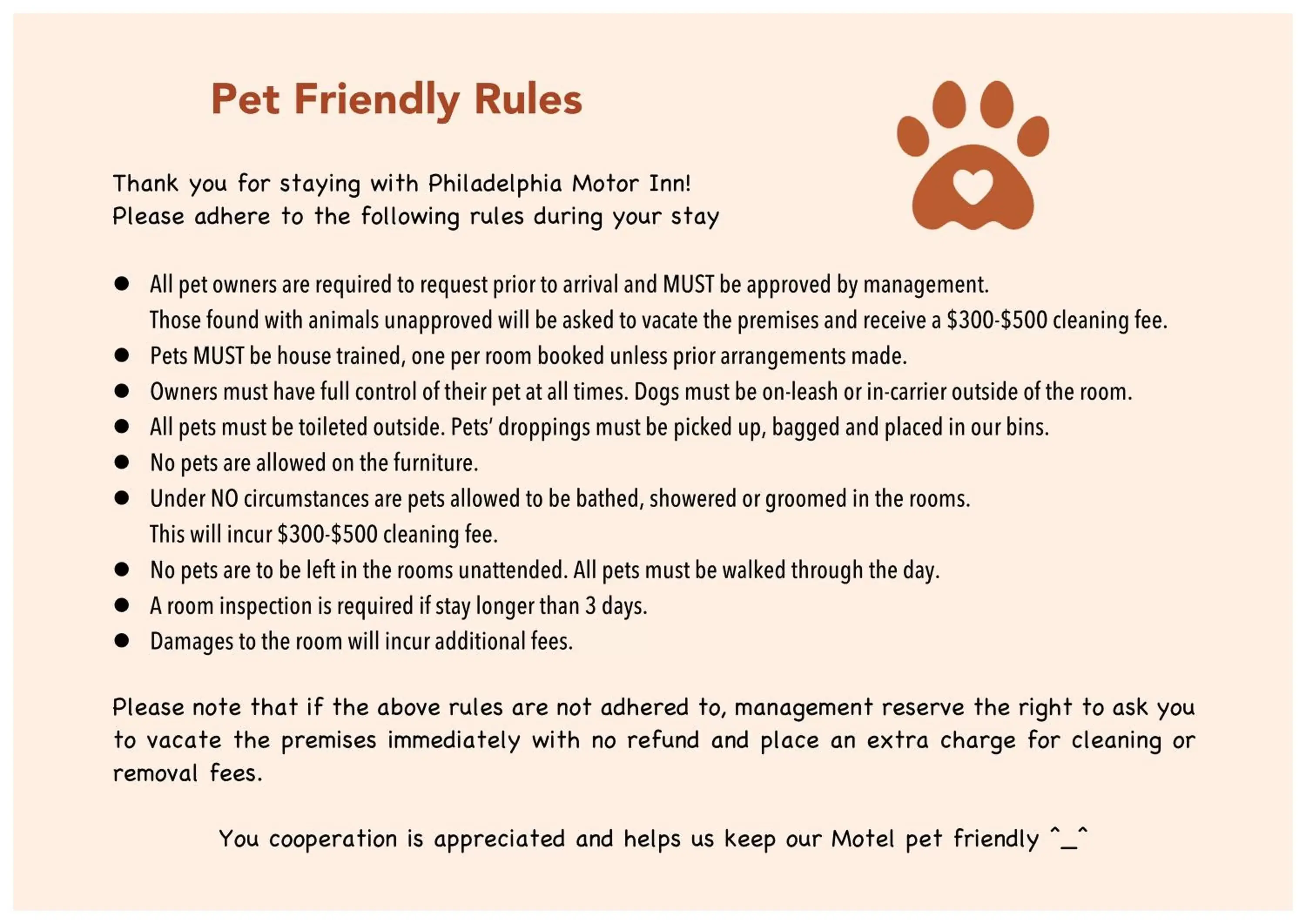 Pets in Philadelphia Motor Inn