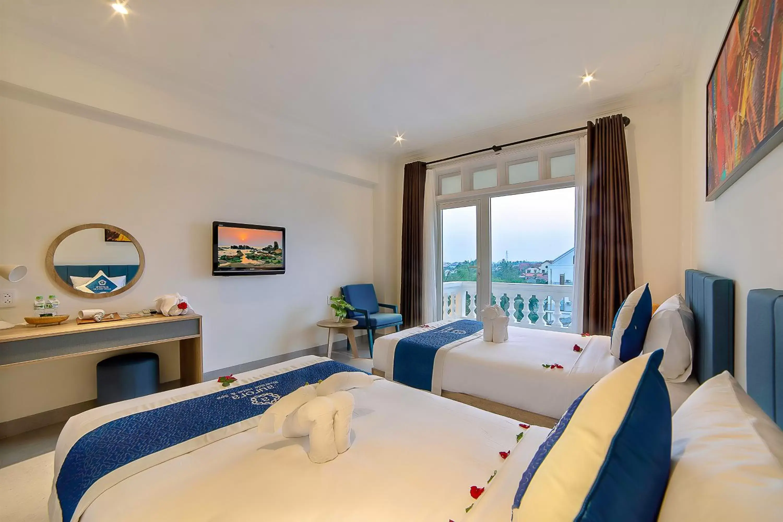 Balcony/Terrace, Bed in Hoi An Aurora Riverside Hotel and Spa Balcony/Terrace, Bed in Hoi An Aurora Riverside Hotel and Spa