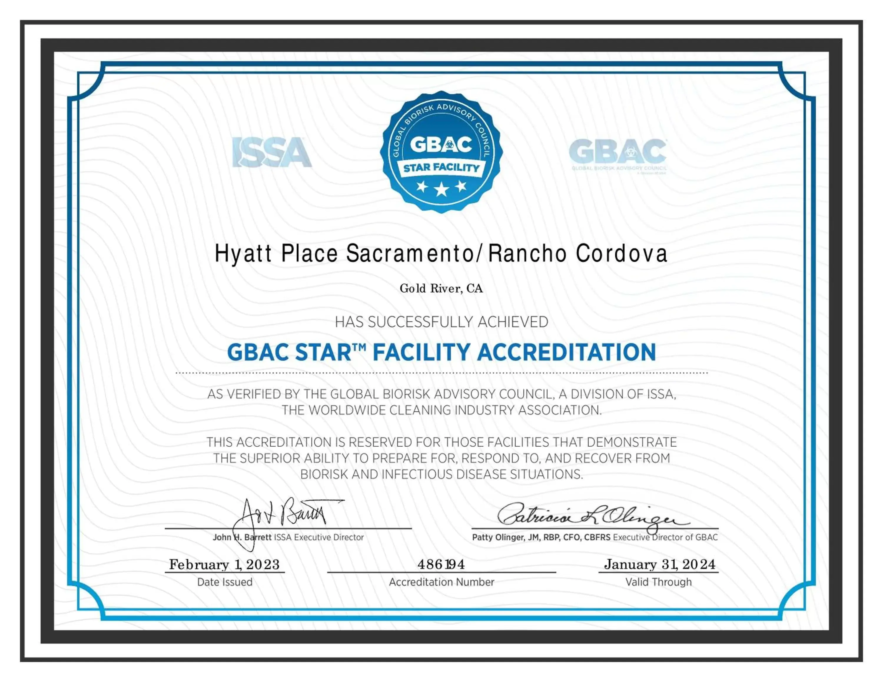 Certificate/Award in Hyatt Place Sacramento Rancho Cordova