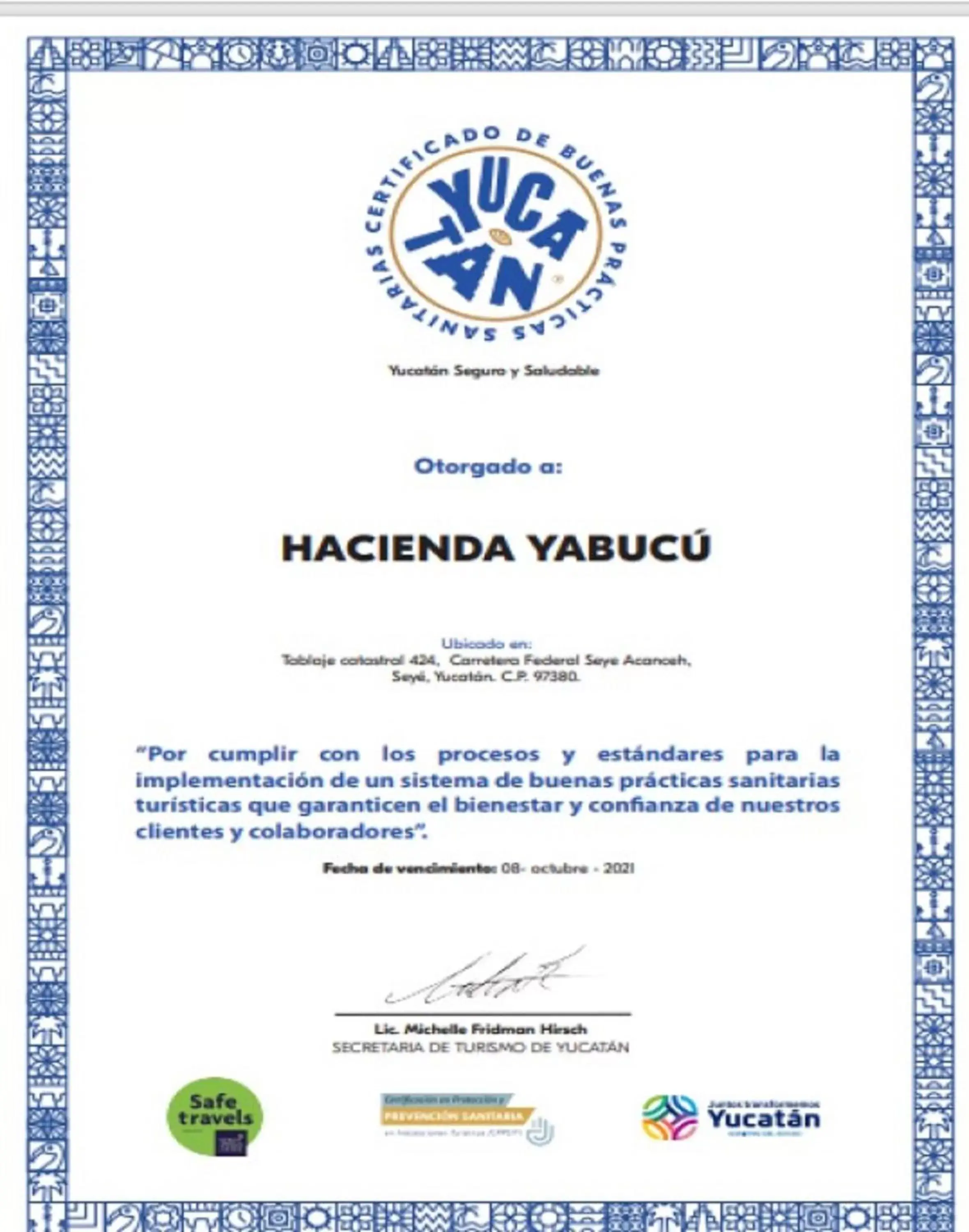 Certificate/Award in Hacienda Yabucu