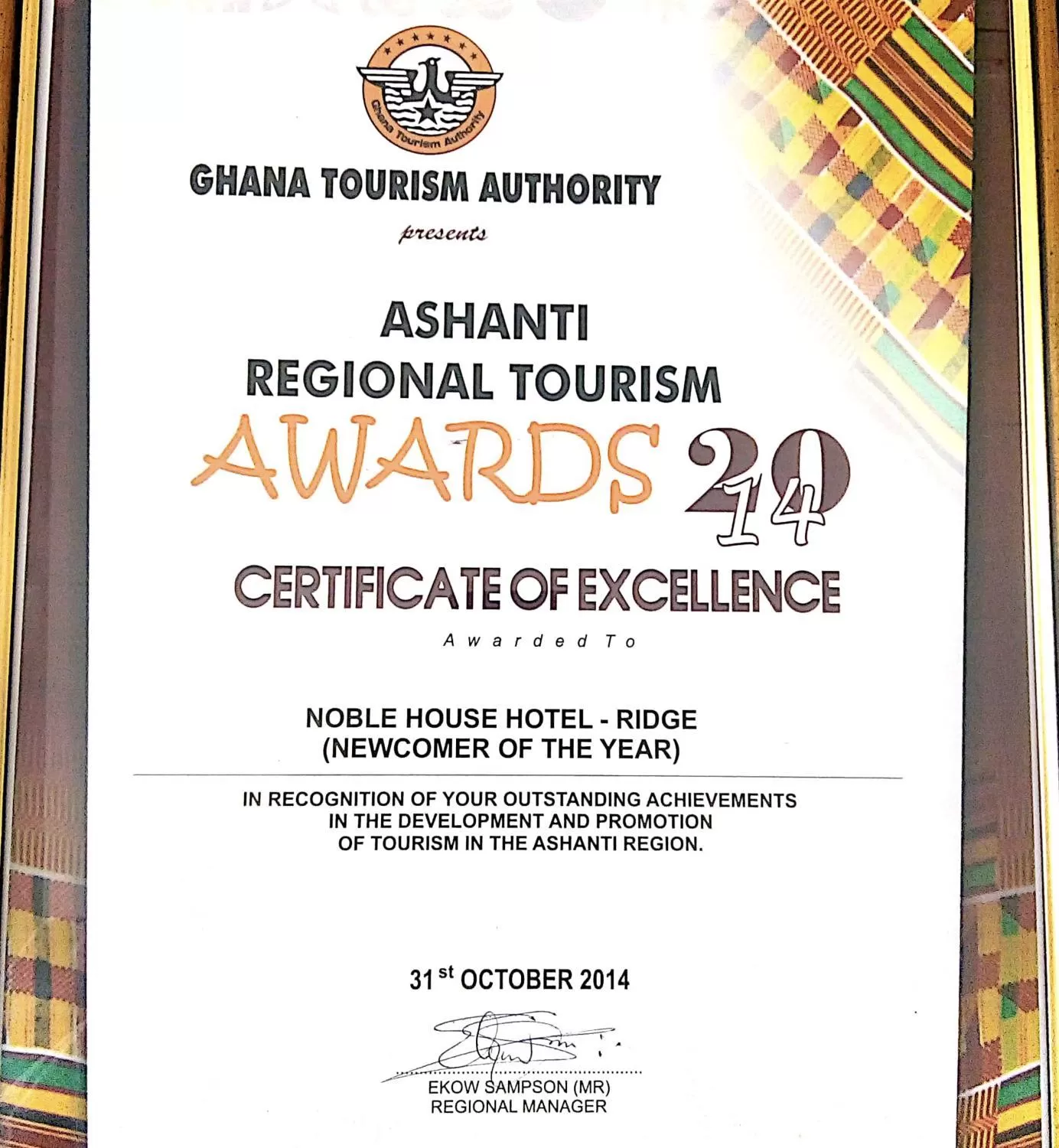 Certificate/Award in Noble House Hotel