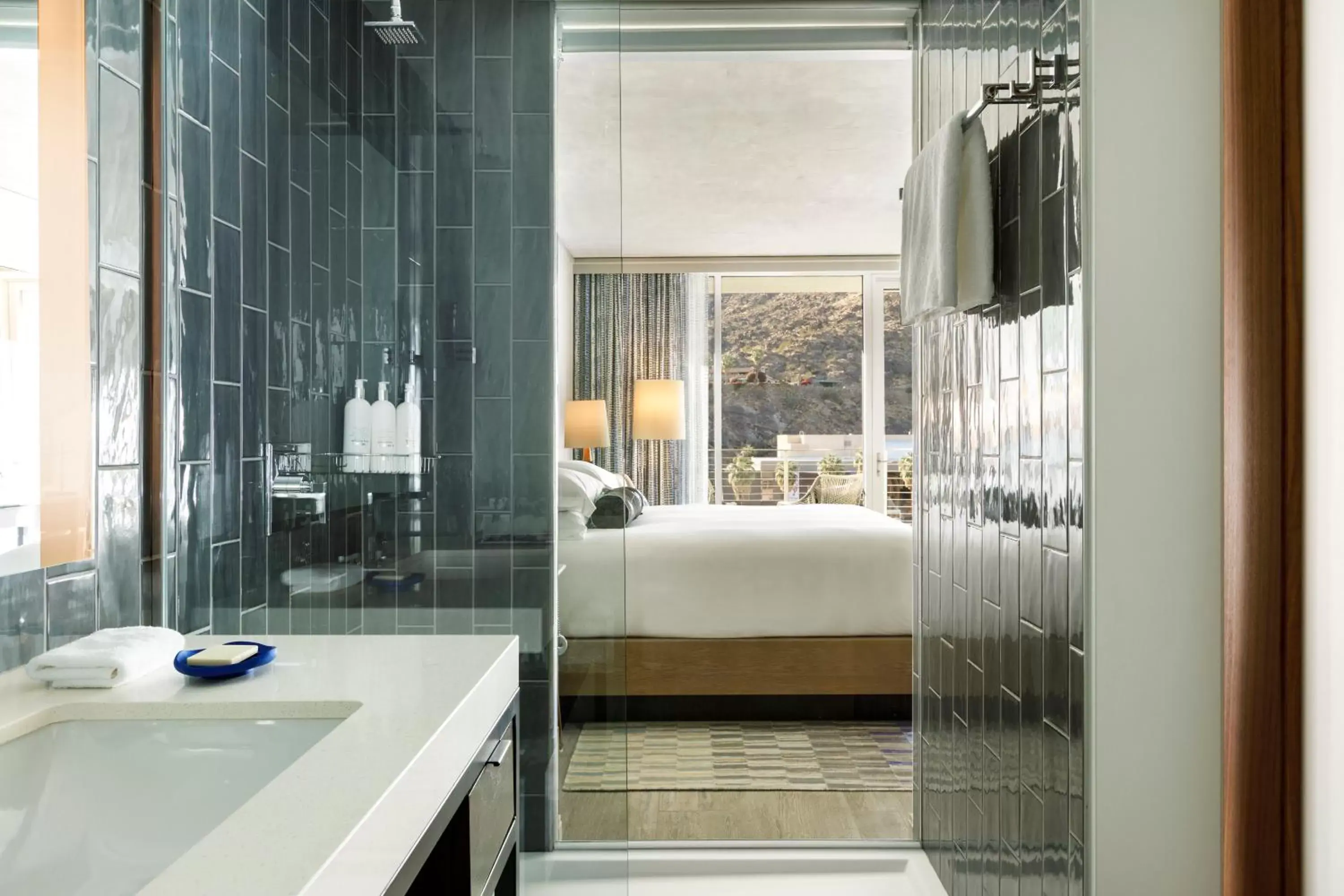 Bathroom, Bed in Kimpton Rowan Palm Springs Hotel, an IHG Hotel