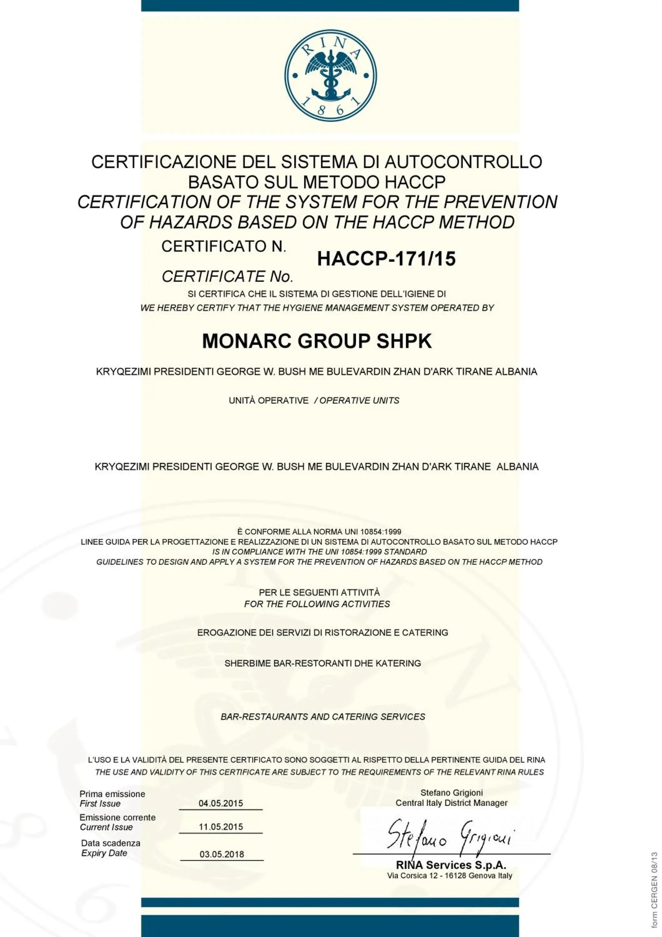Certificate/Award in MonarC Hotel