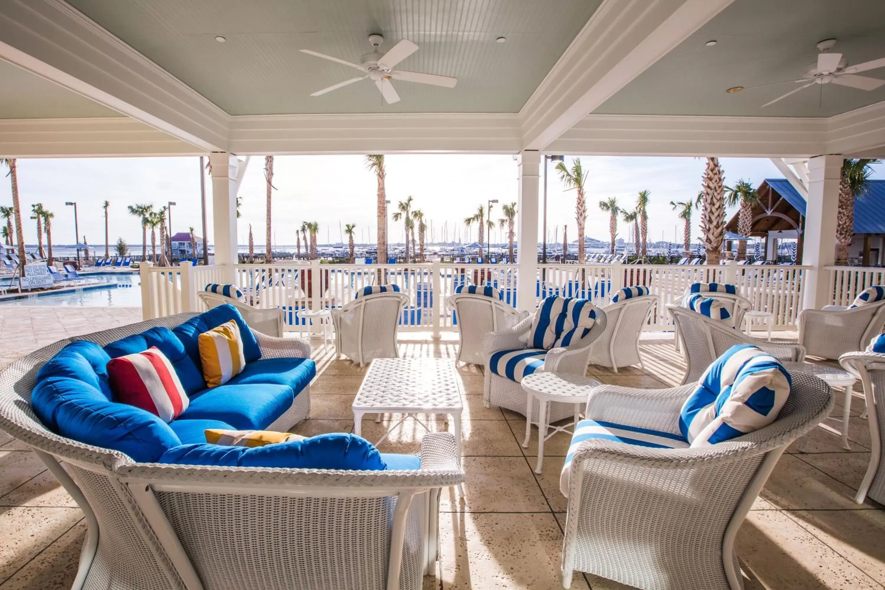 Patio, Lounge/Bar in The Beach Club at Charleston Harbor Resort and Marina